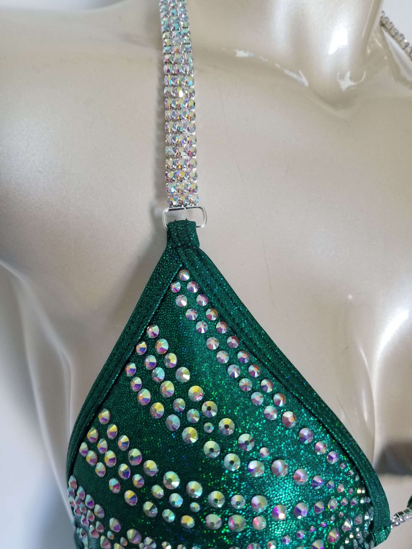 Emerald green figure suit bikini with AB rhinestones in a magic array pattern design