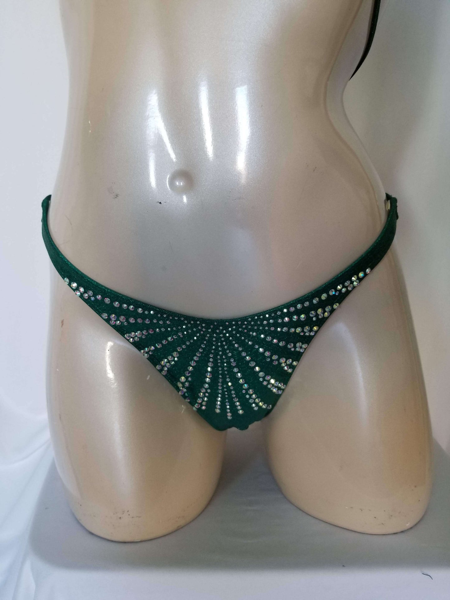 Emerald green figure suit bikini with AB rhinestones in a magic array pattern design