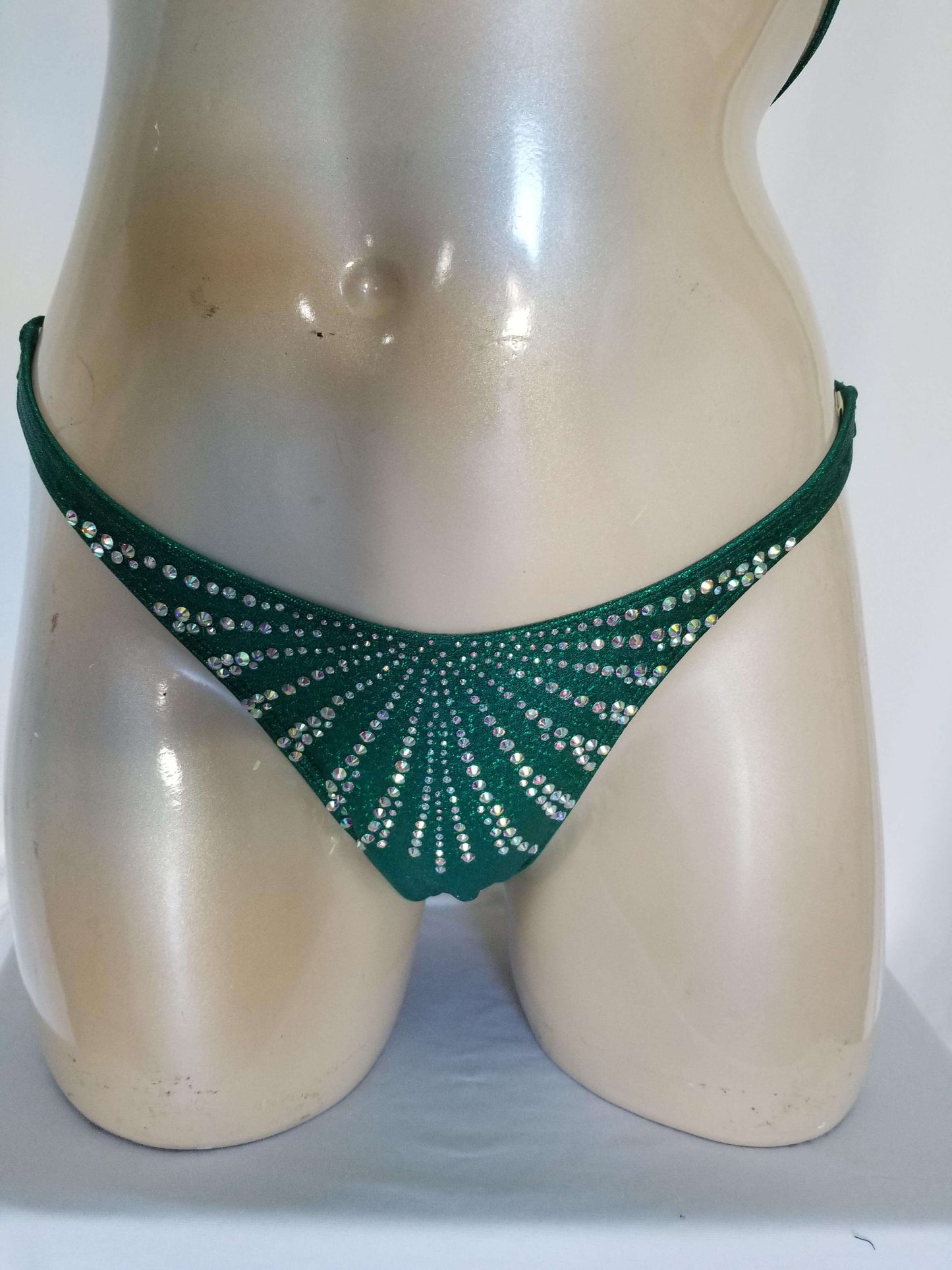 Emerald green figure suit bikini with AB rhinestones in a magic array pattern design