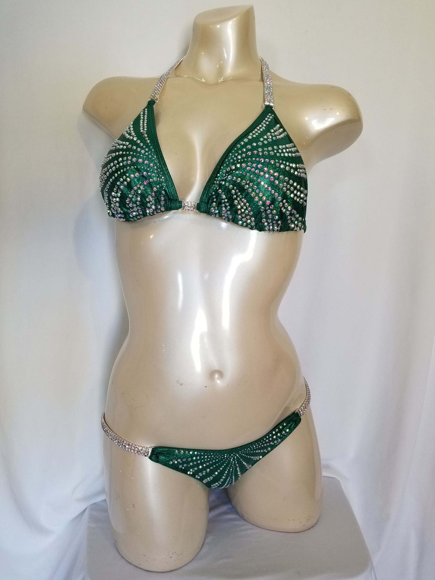 Emerald green figure suit bikini with AB rhinestones in a magic array pattern design