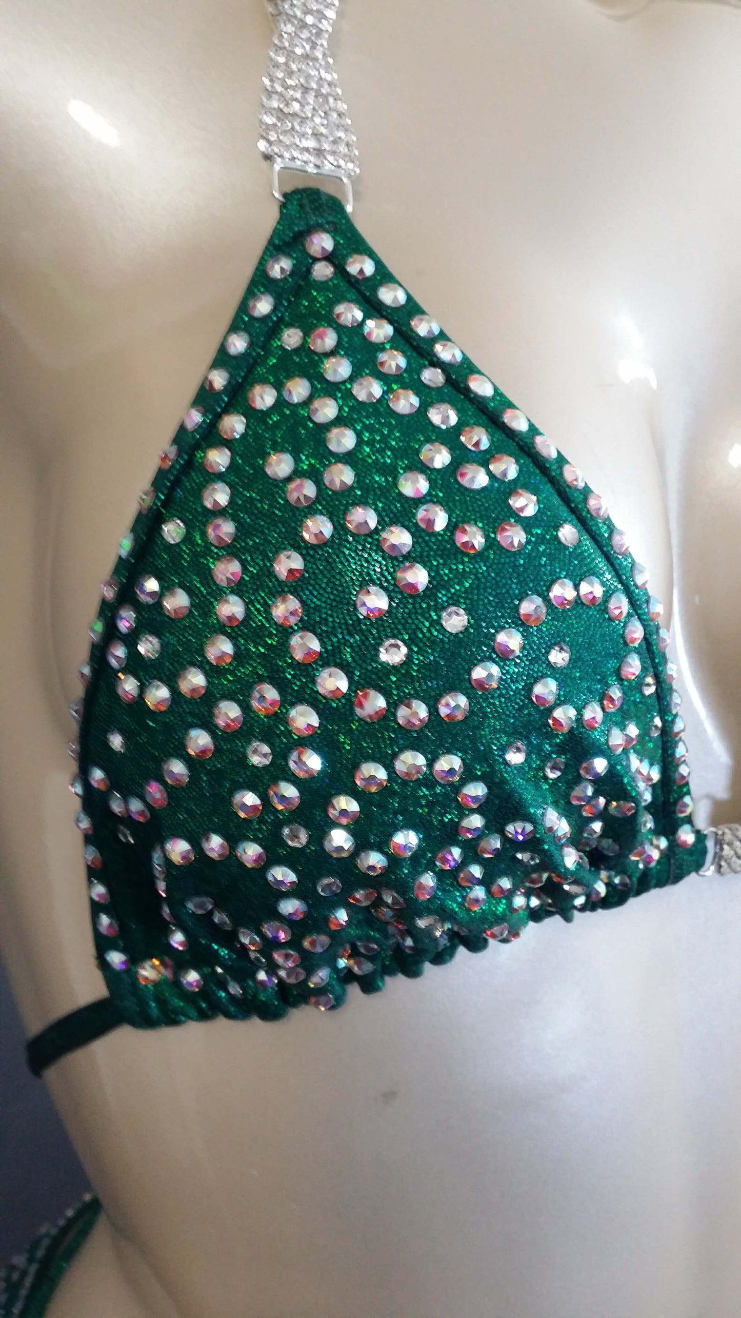 Emerald green figure suit bikini with AB swirl rhinestone design