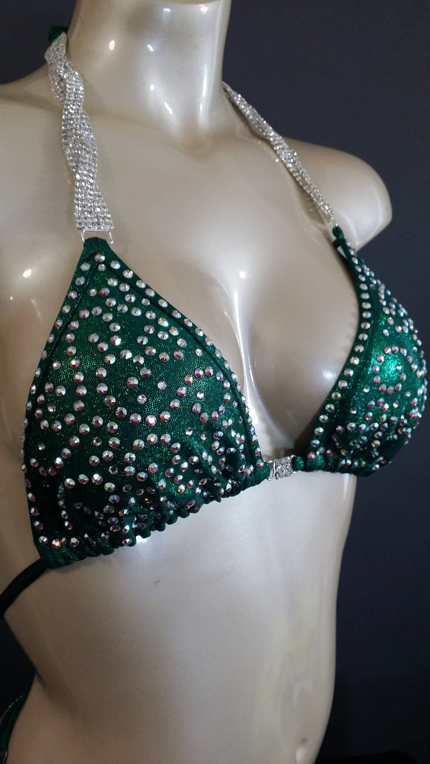 Emerald green figure suit bikini with AB swirl rhinestone design