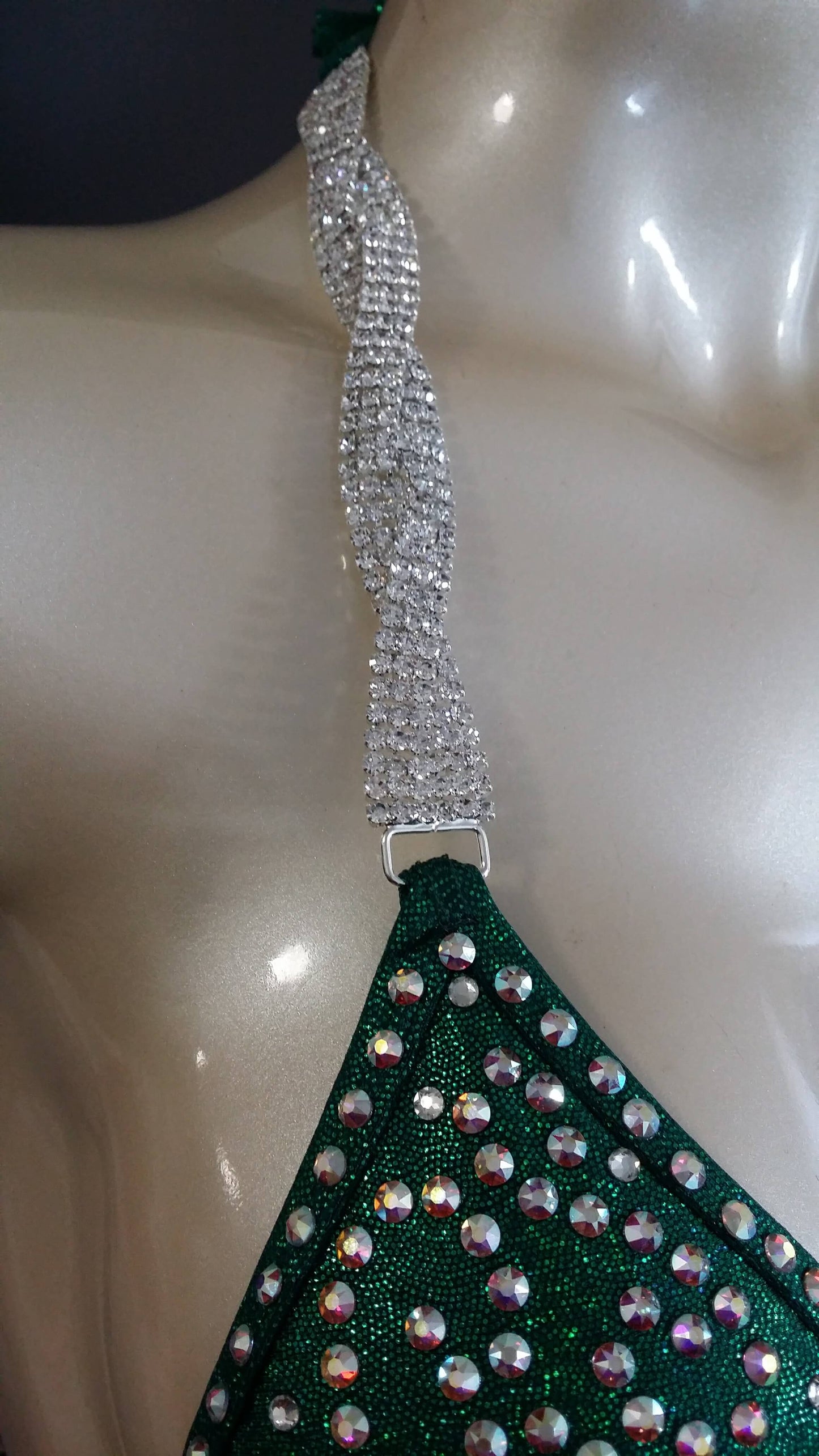 Emerald green figure suit bikini with AB swirl rhinestone design