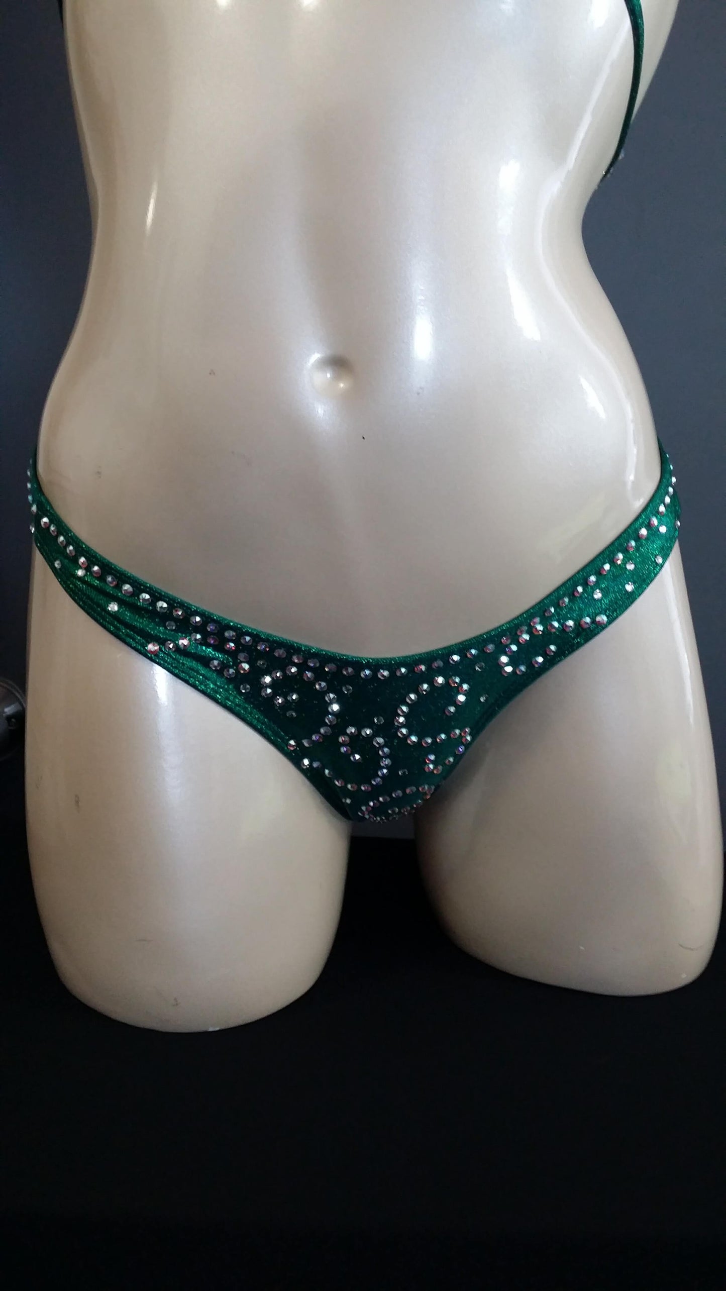 Emerald green figure suit bikini with AB swirl rhinestone design