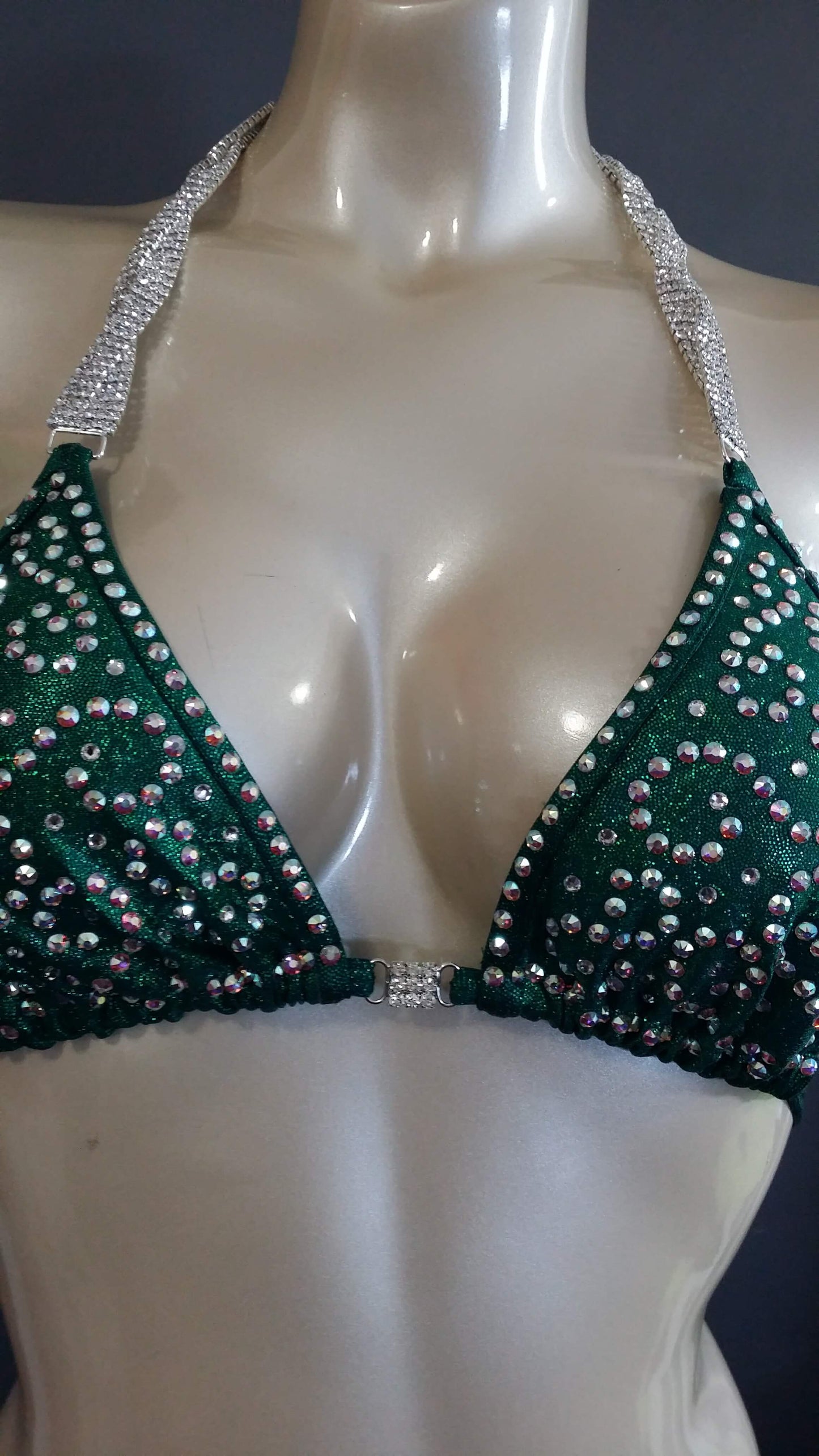 Emerald green figure suit bikini with AB swirl rhinestone design