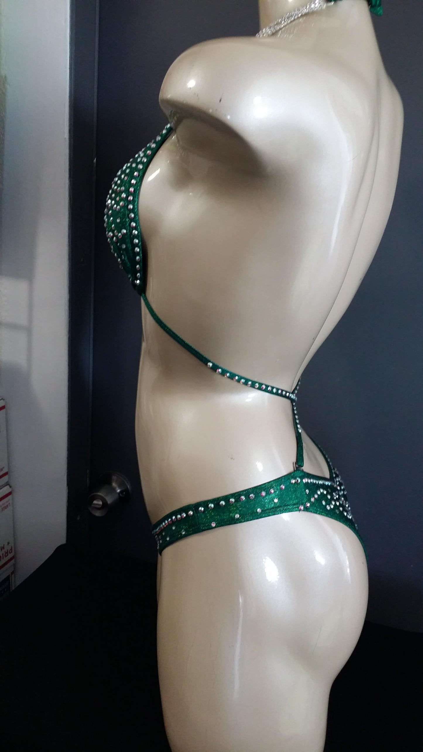 Emerald green figure suit bikini with AB swirl rhinestone design