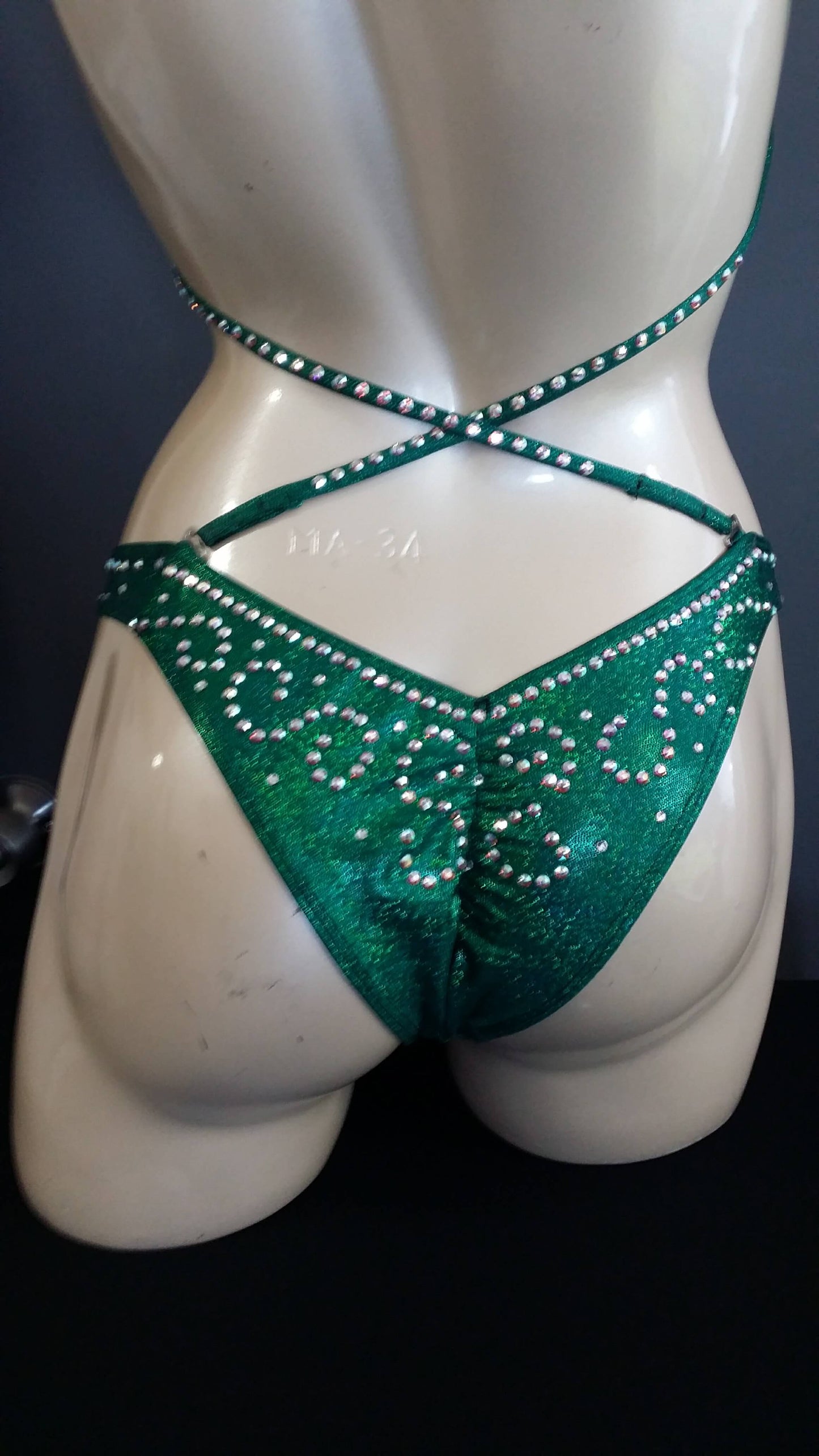 Emerald green figure suit bikini with AB swirl rhinestone design
