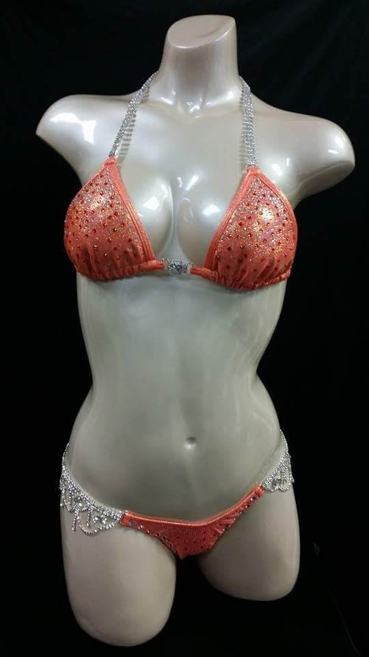 Orange bikini with AB crystal and orange rhinestone cascading design