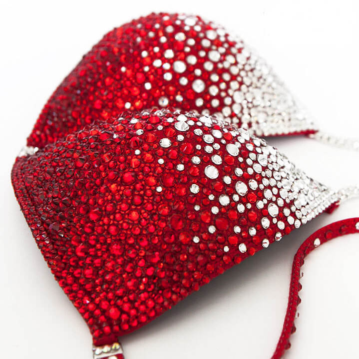Crimson red bikini with multi sized crystal and ruby rhinestone design rhinestones.