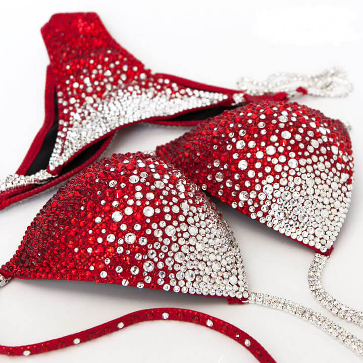 Crimson red bikini with multi sized crystal and ruby rhinestone design rhinestones.