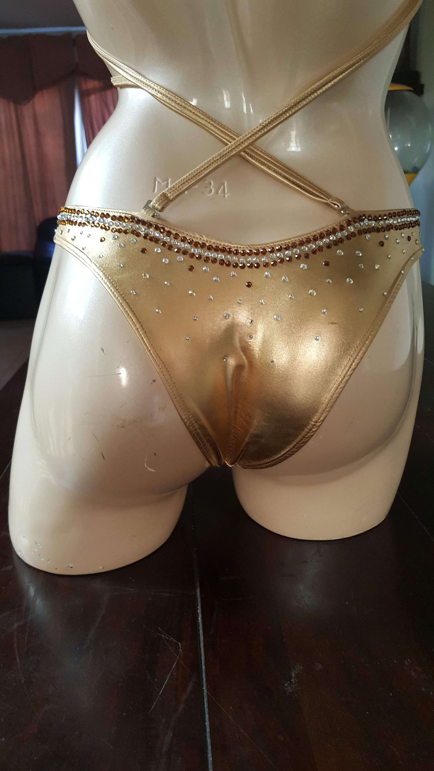 Gold bikini with crystal and topaz rhinestone vine design
