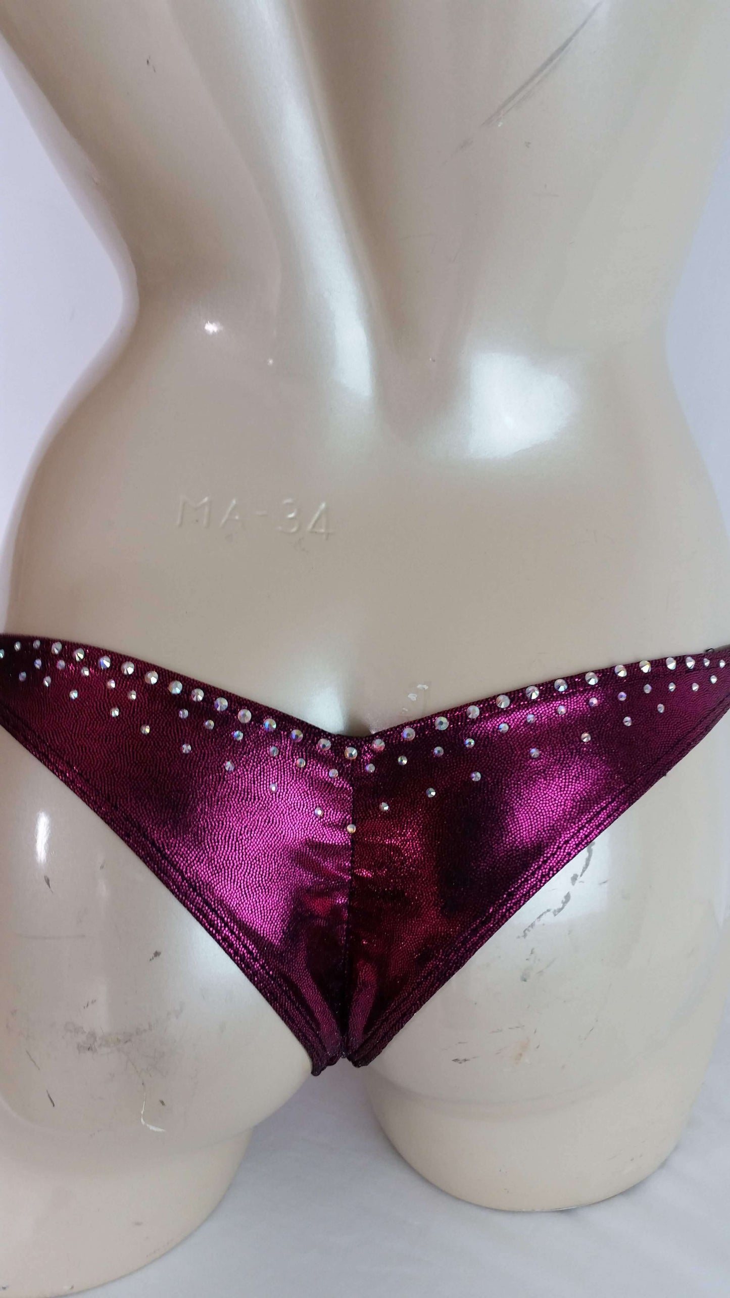 Maroon bikini with AB rhinestones in a reverse cascade pattern