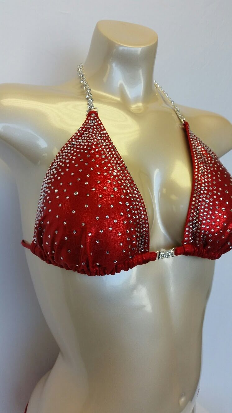 Red bikini with crystal rhinestones in a double sided cascade pattern design
