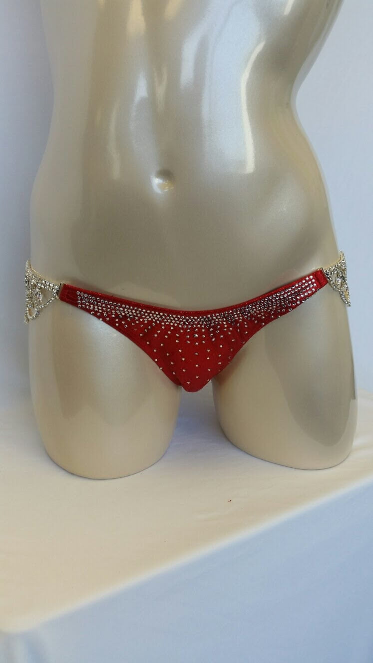 Red bikini with crystal rhinestones in a double sided cascade pattern design