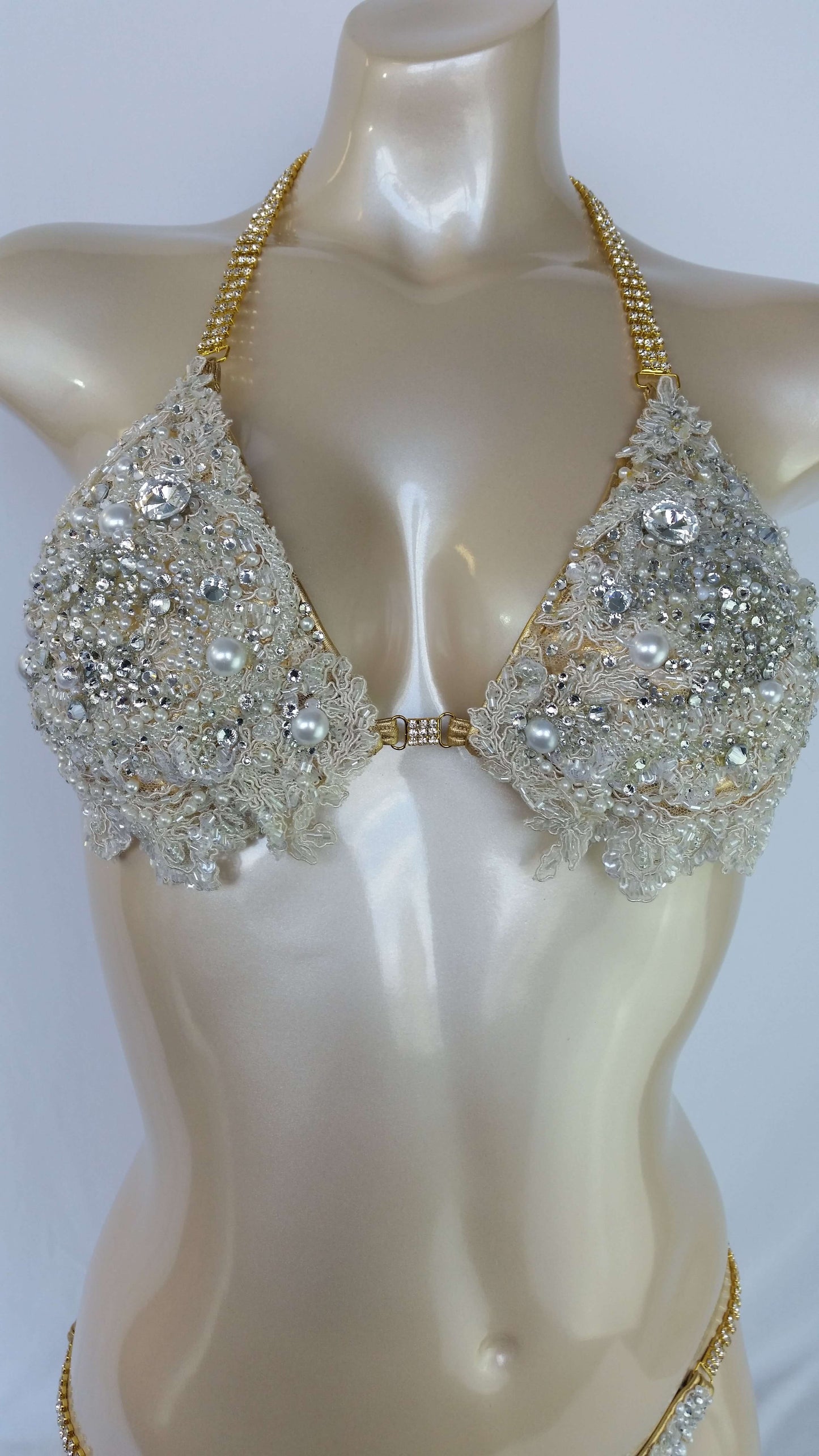 Gold bikini with embroidered wedding lace, crystals and costume pearls design