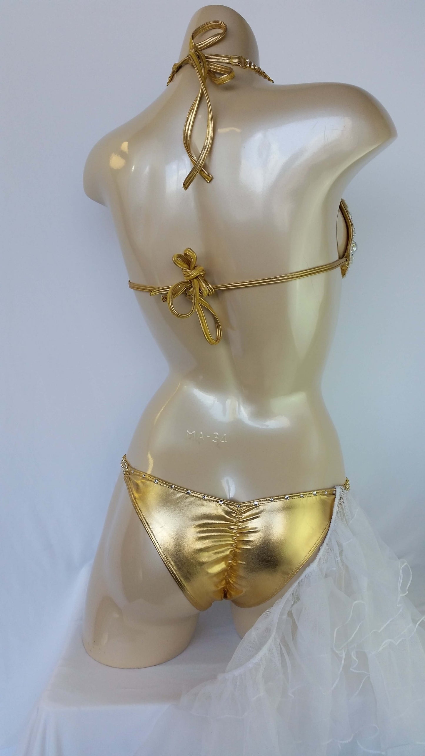 Gold bikini with embroidered wedding lace, crystals and costume pearls design