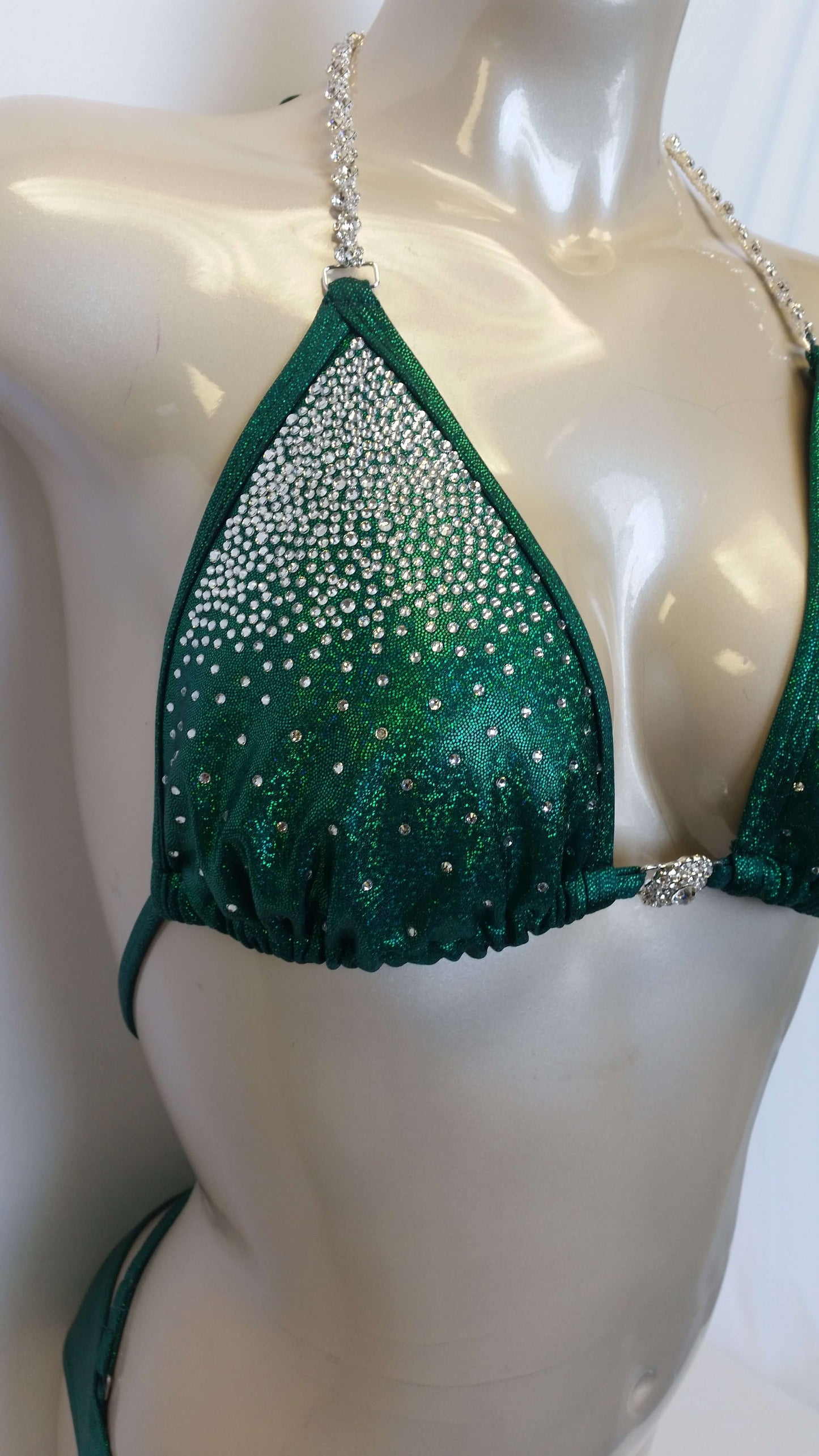 Emerald green bikini XL top cascading Crystal rhinestone design posing bikini
