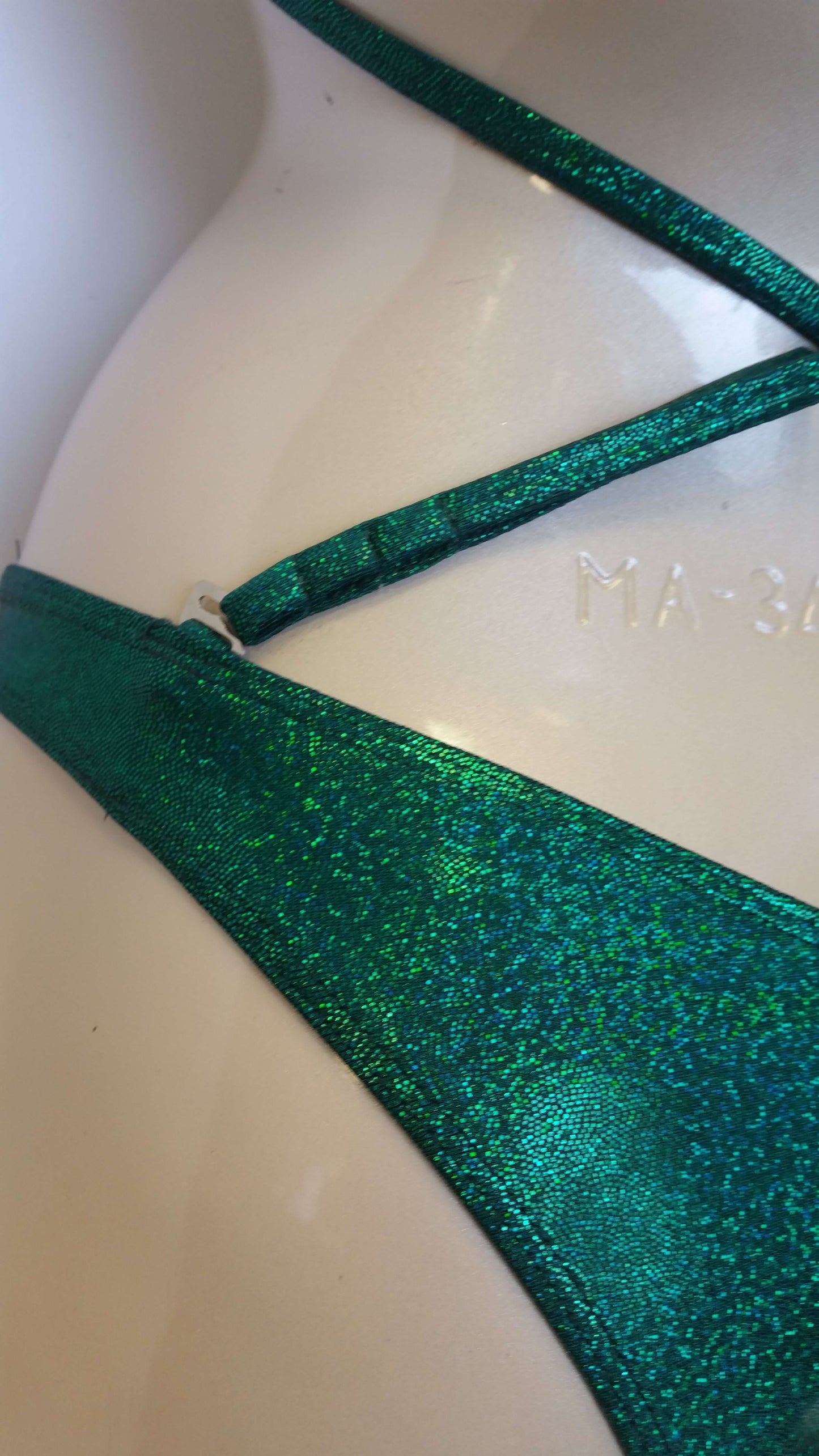 Emerald green bikini XL top cascading Crystal rhinestone design posing bikini