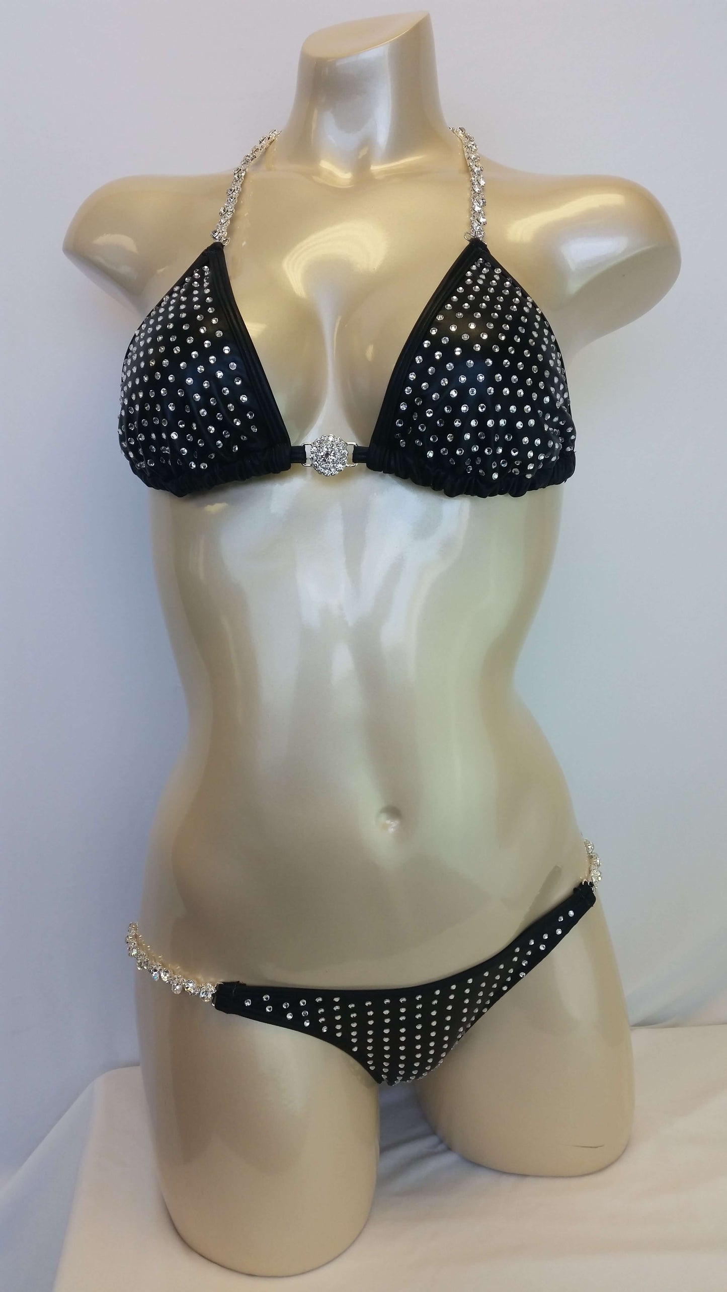 Black pleather bikini with linear crystal rhinestone design