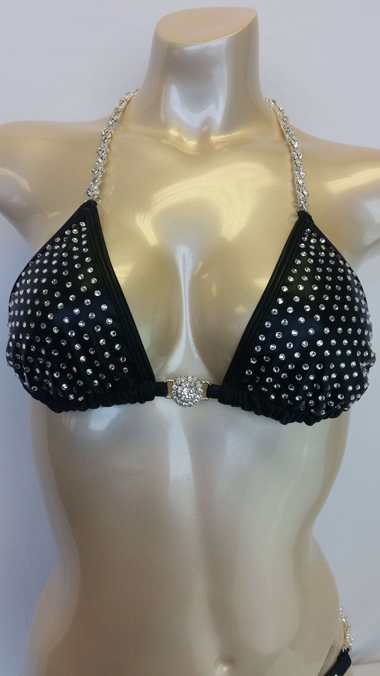 Black pleather bikini with linear crystal rhinestone design