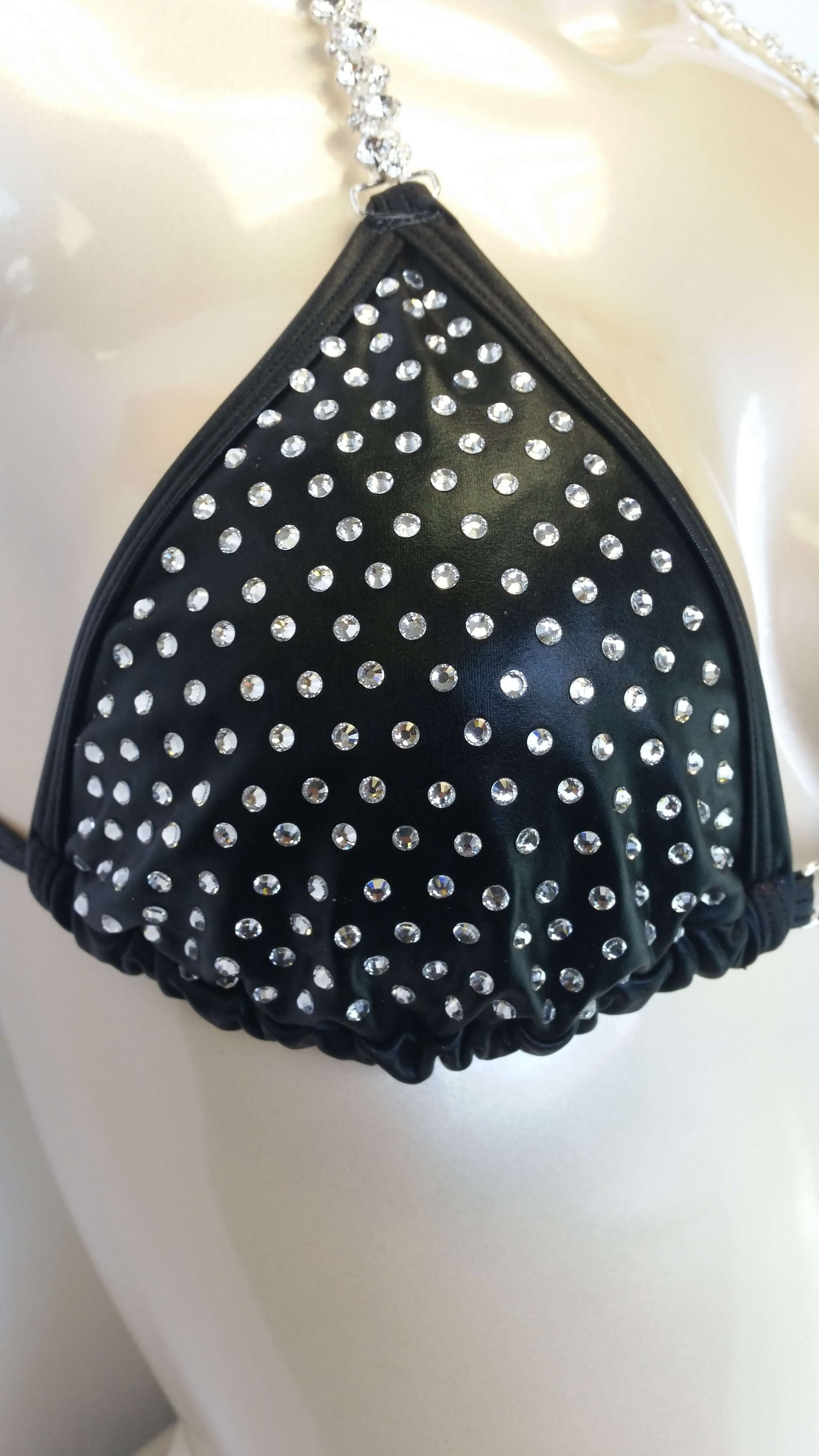 Black pleather bikini with linear crystal rhinestone design