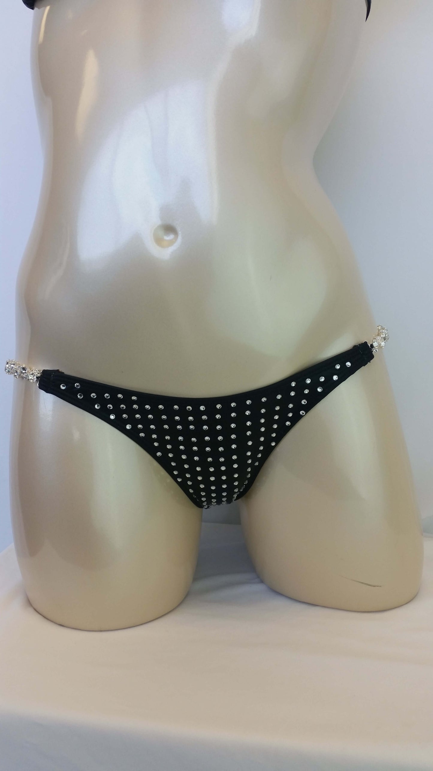 Black pleather bikini with linear crystal rhinestone design