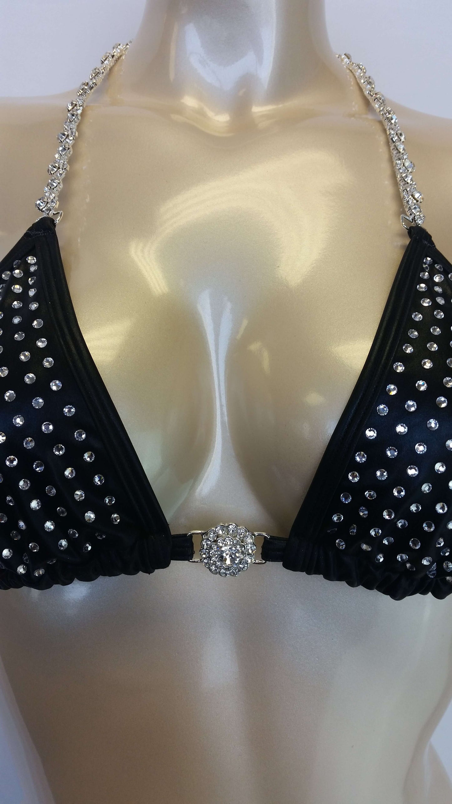 Black pleather bikini with linear crystal rhinestone design