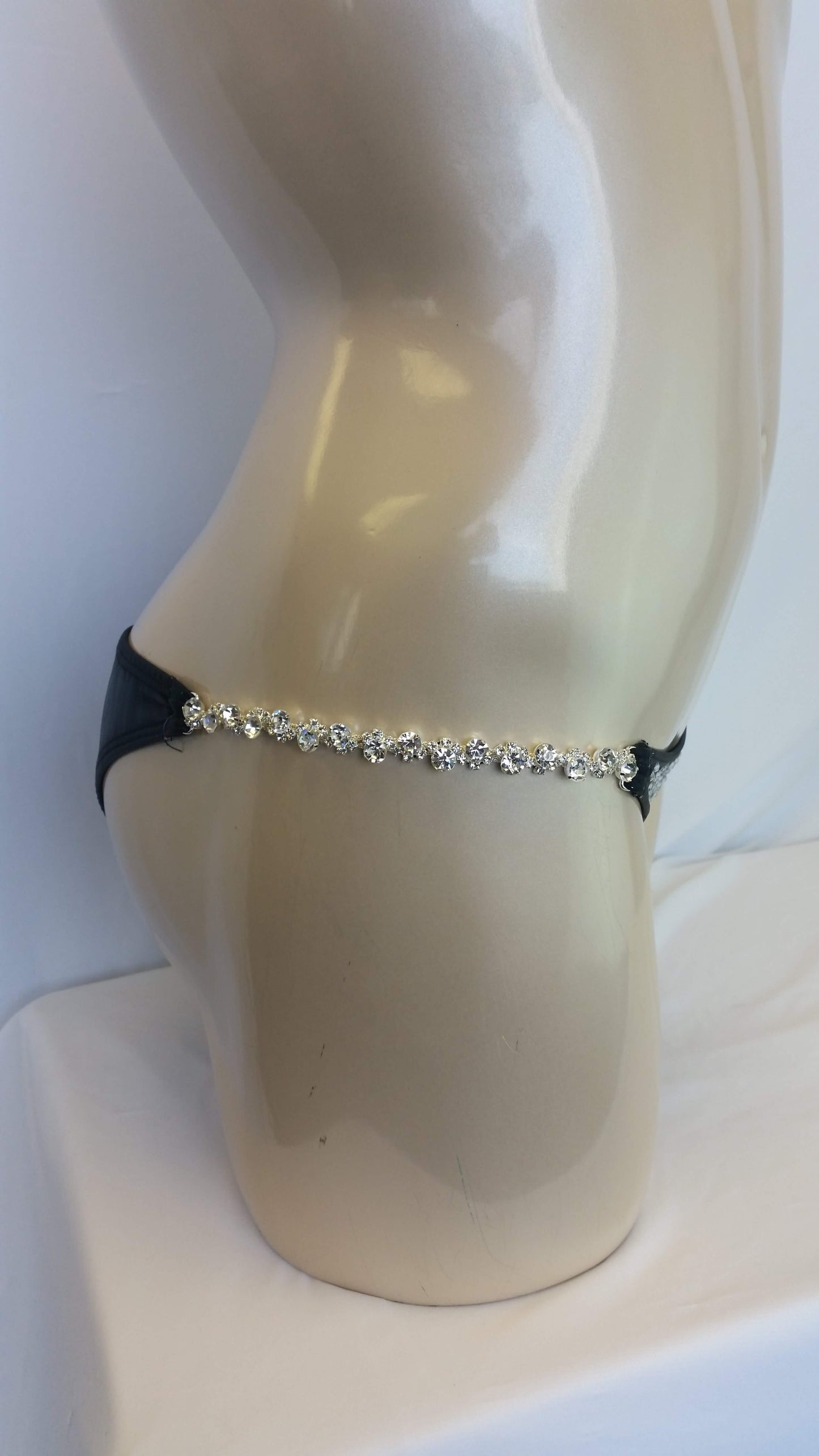Black pleather bikini with linear crystal rhinestone design