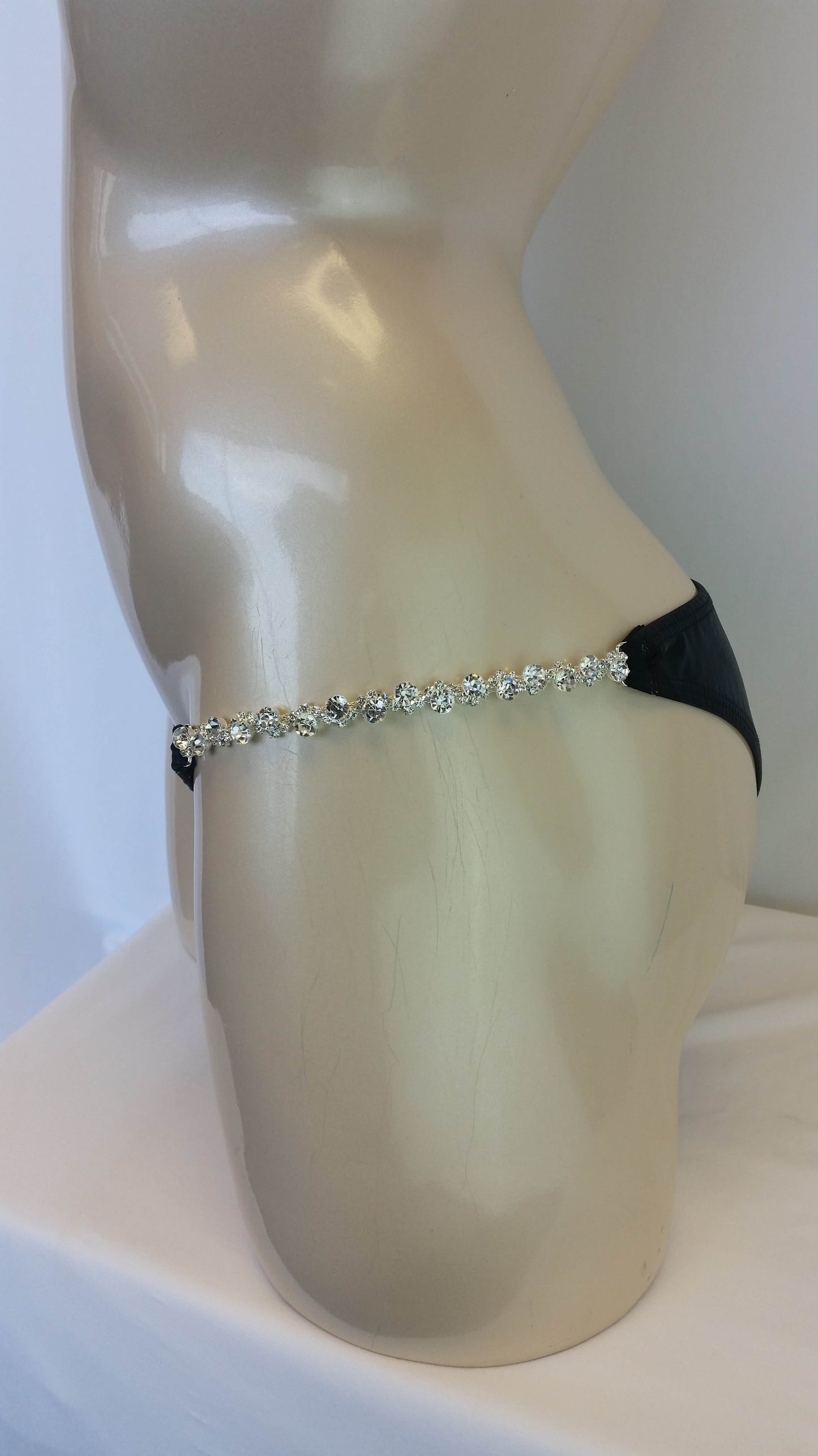 Black pleather bikini with linear crystal rhinestone design