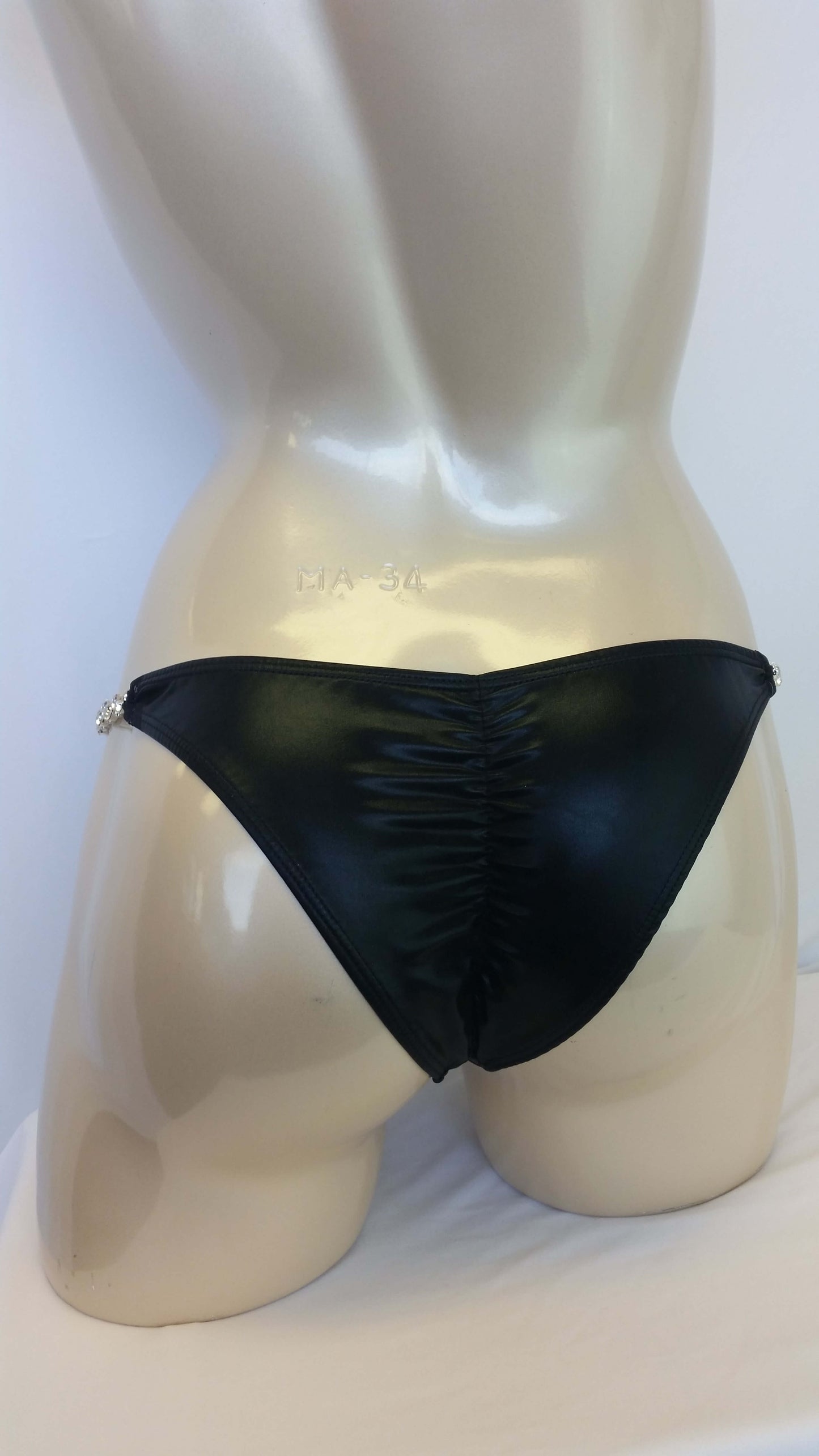 Black pleather bikini with linear crystal rhinestone design