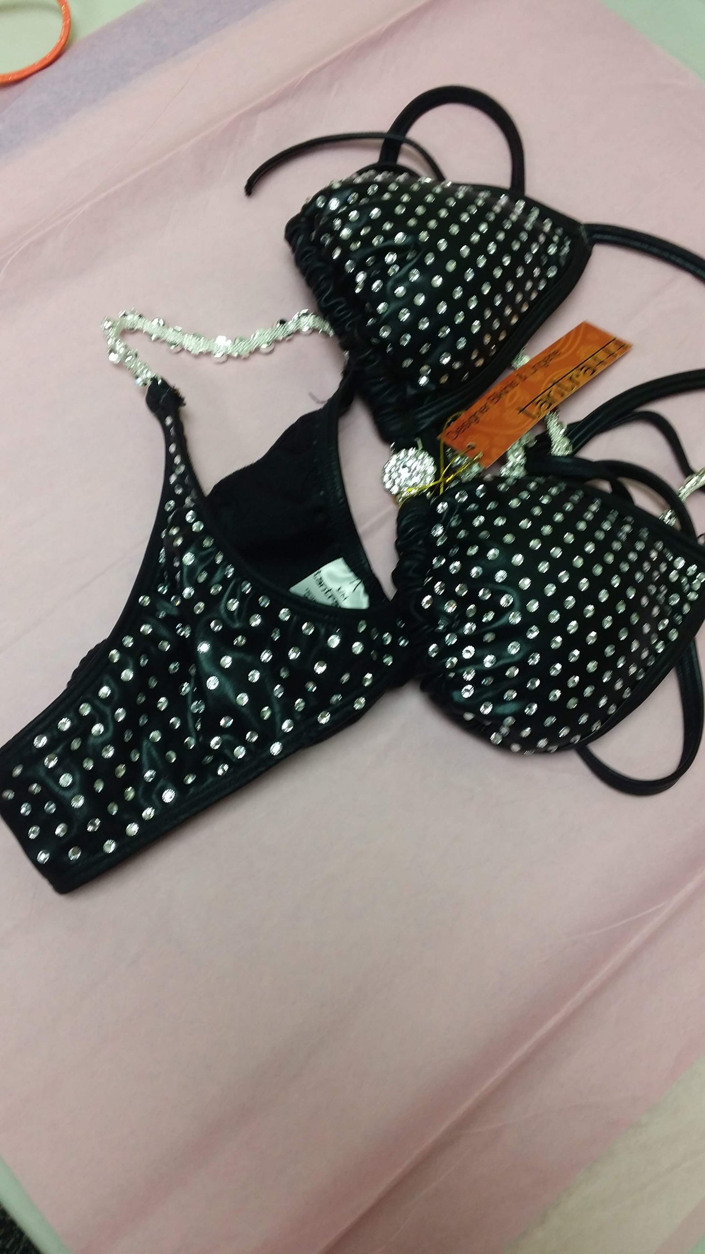 Black pleather bikini with linear crystal rhinestone design