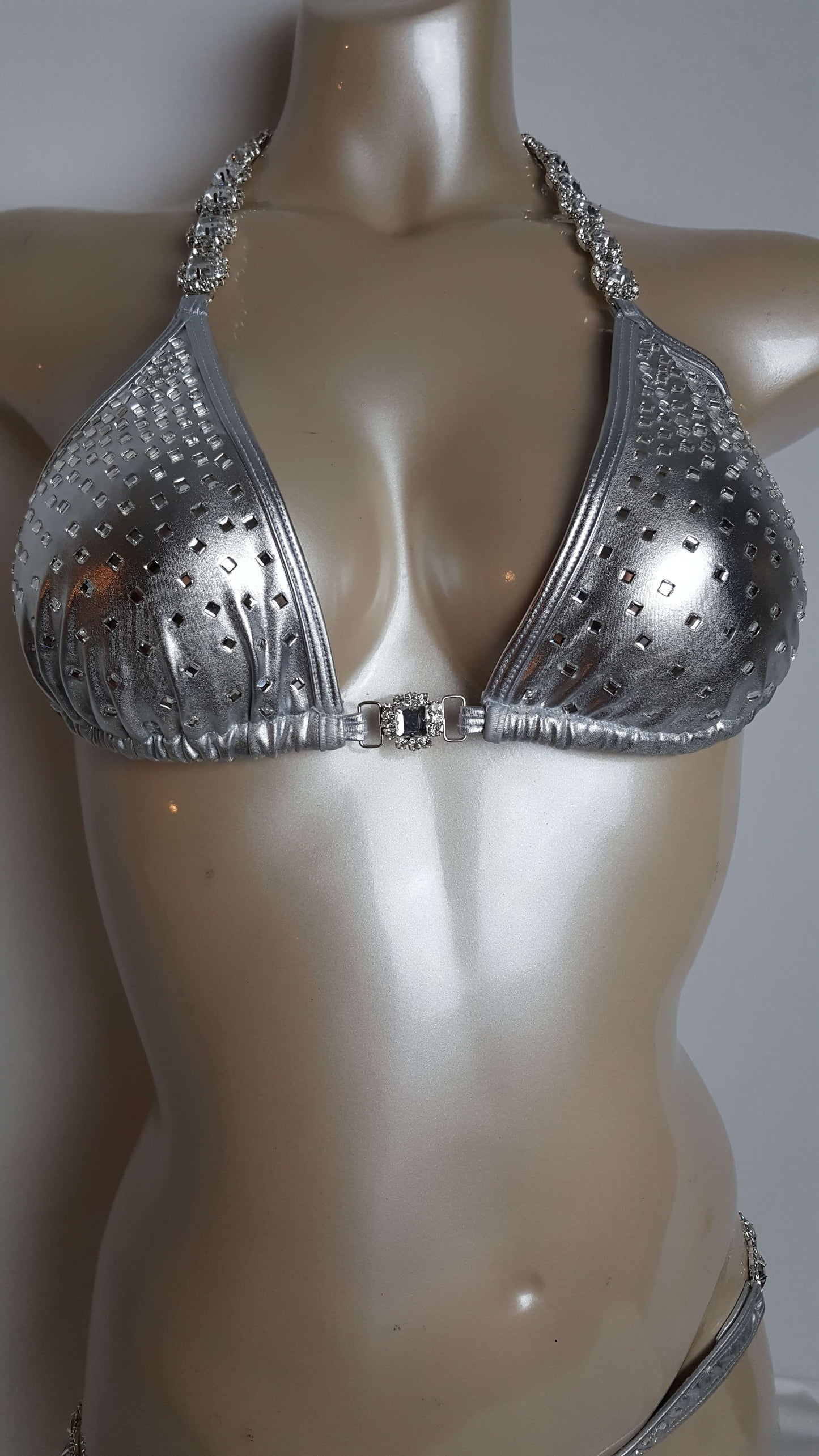 Silver bikini with cascading diamond mirror rhinestones.