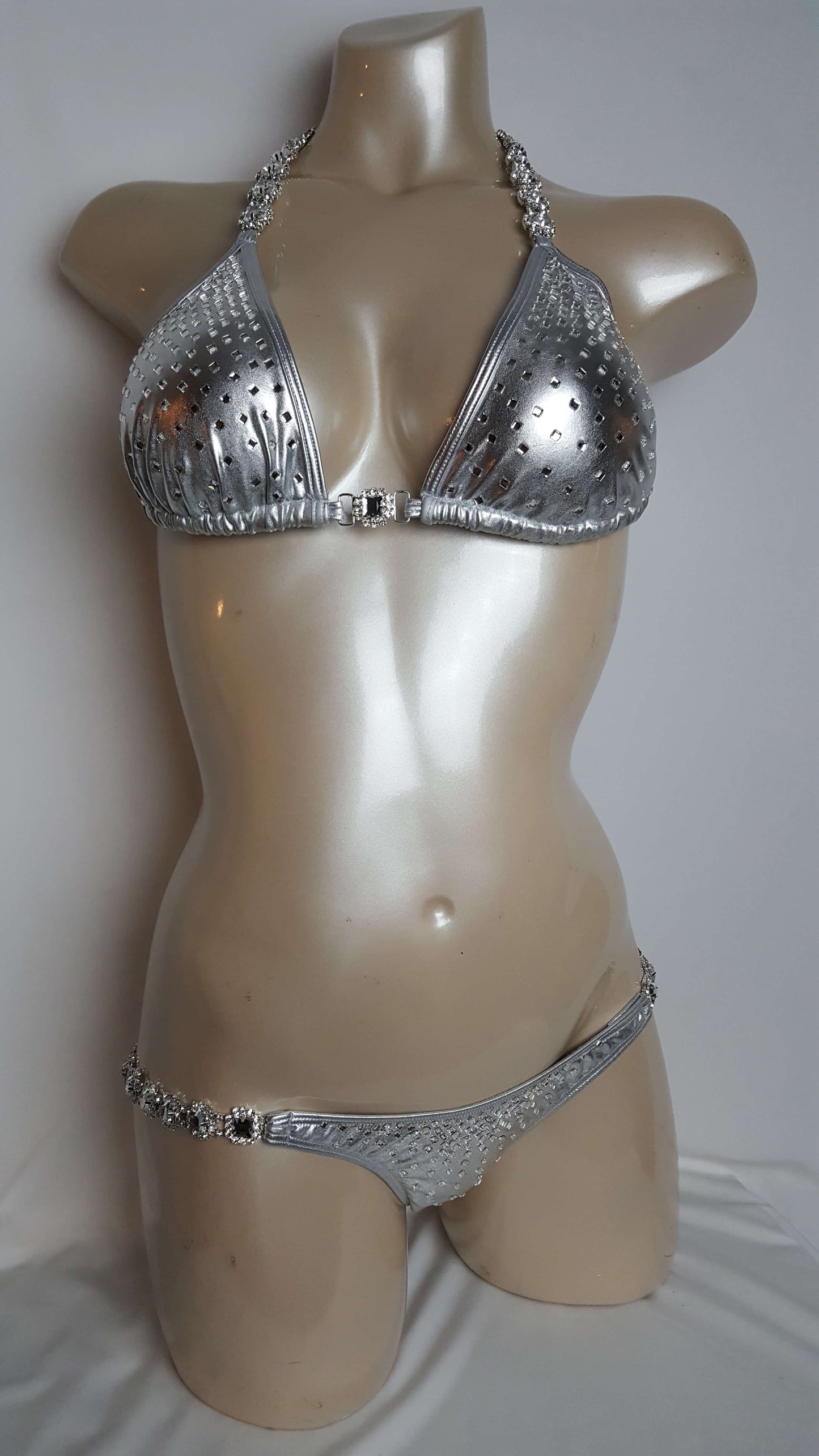 Silver bikini with cascading diamond mirror rhinestones.