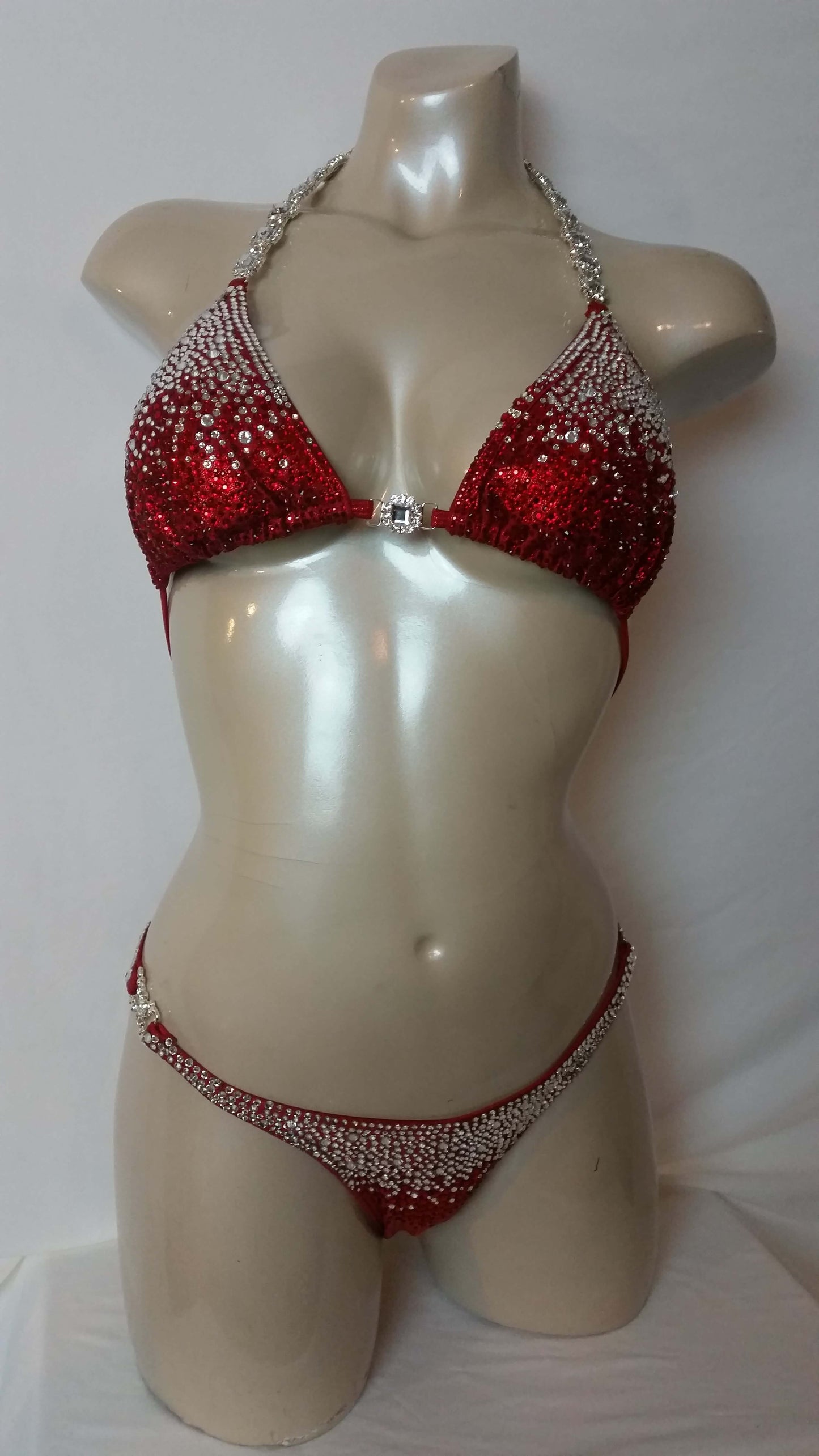 Crimson red bikini with multi sized crystal and ruby rhinestone design rhinestones.