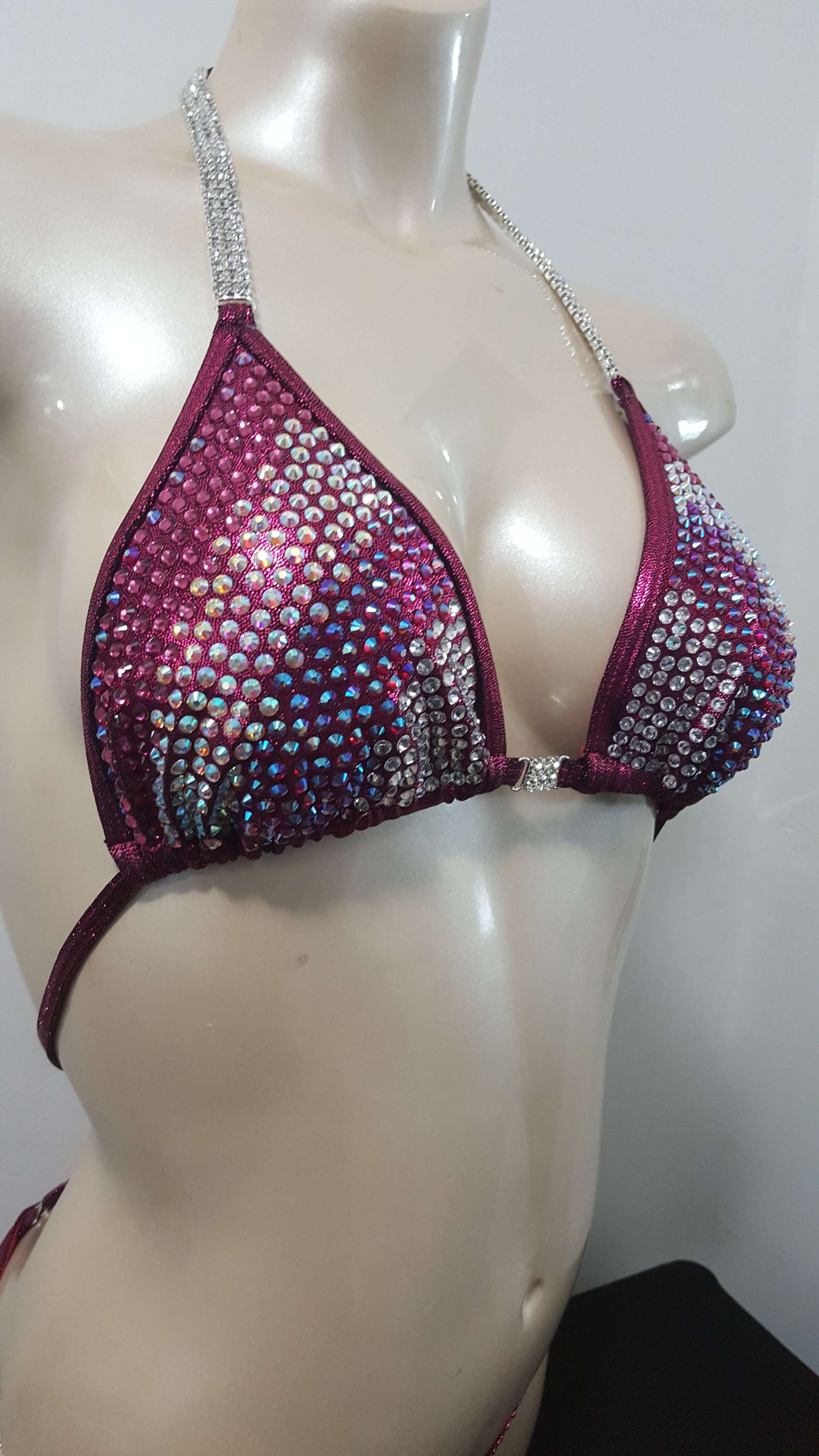 Maroon bikini with AB crystal and AB ruby blend rhinestone design.