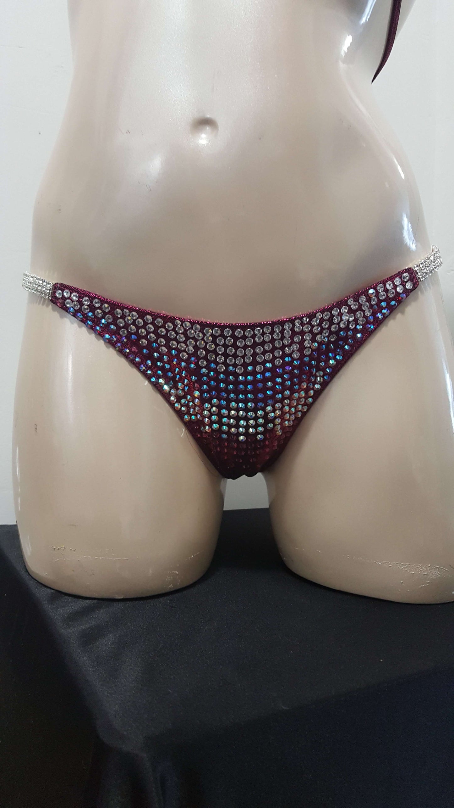 Maroon bikini with AB crystal and AB ruby blend rhinestone design.