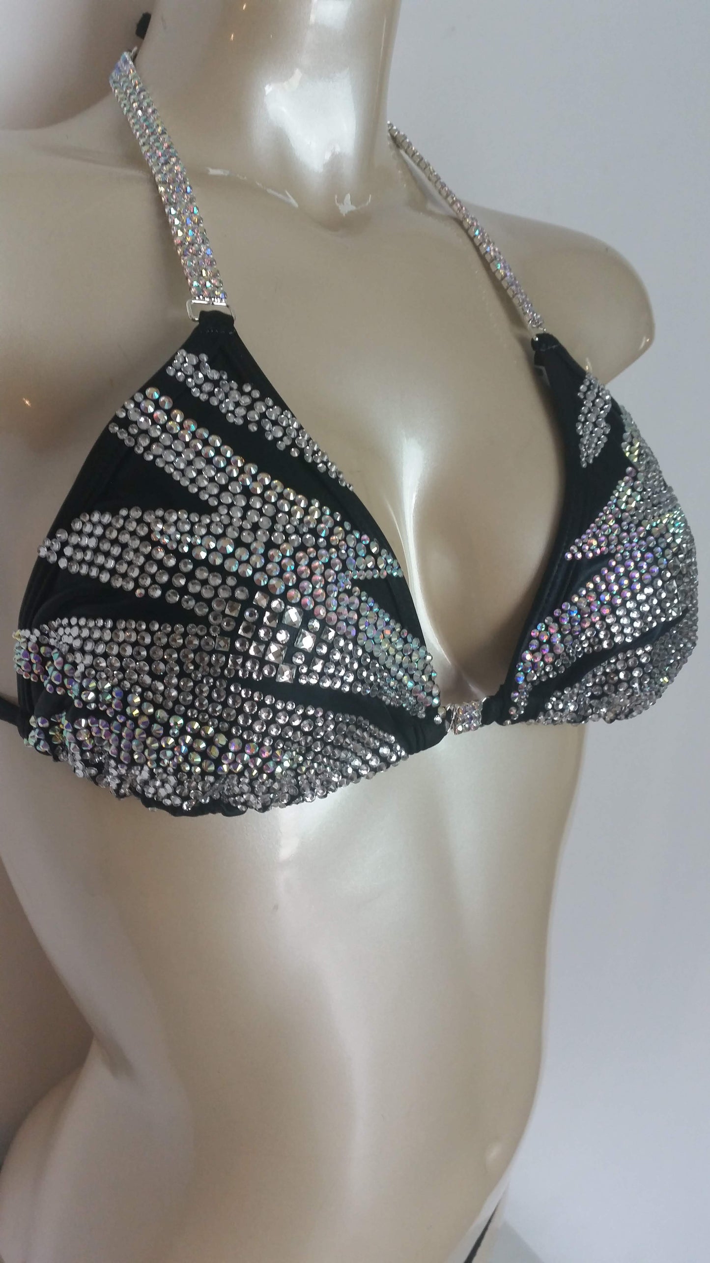 Black bikini with AB crystals in a Fierce Lightning Rhinestone Design