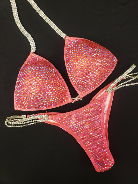 Coral bikini with AB rhinestones in a fully encrusted design