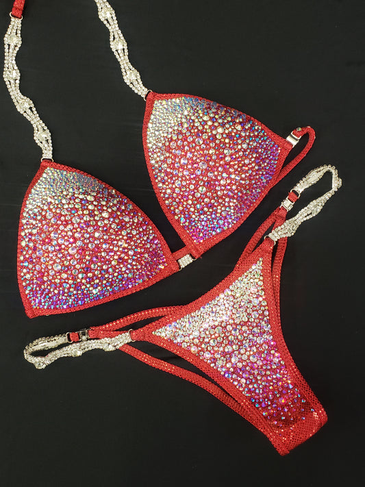 Red bikini with AB rhinestones in a fully encrusted ombre design