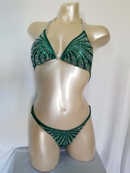 Emerald green figure suit bikini with AB rhinestones in a magic array pattern design