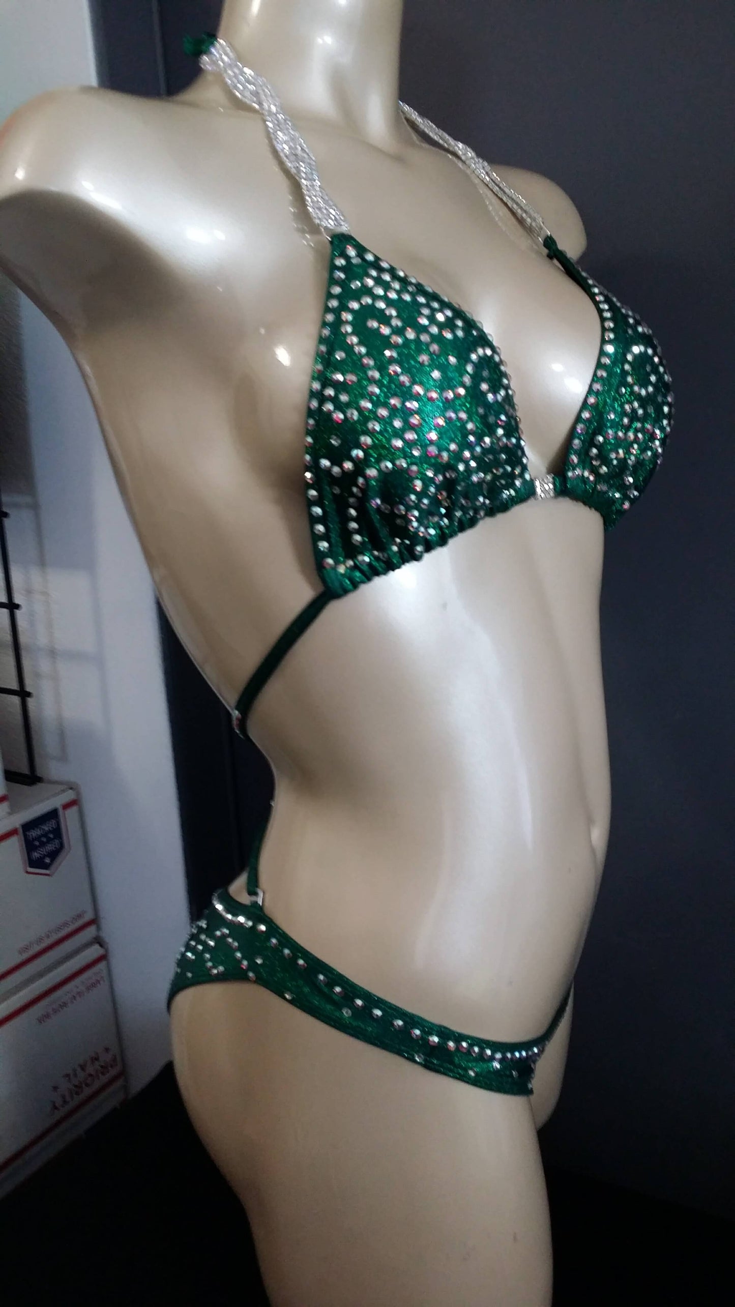 Emerald green figure suit bikini with AB swirl rhinestone design