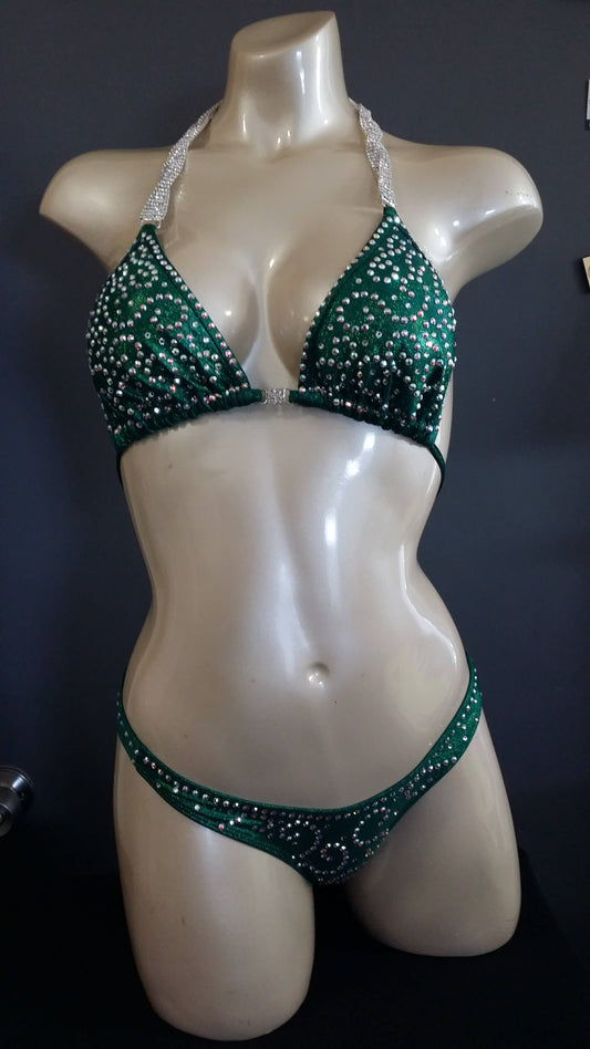 Emerald green figure suit bikini with AB swirl rhinestone design
