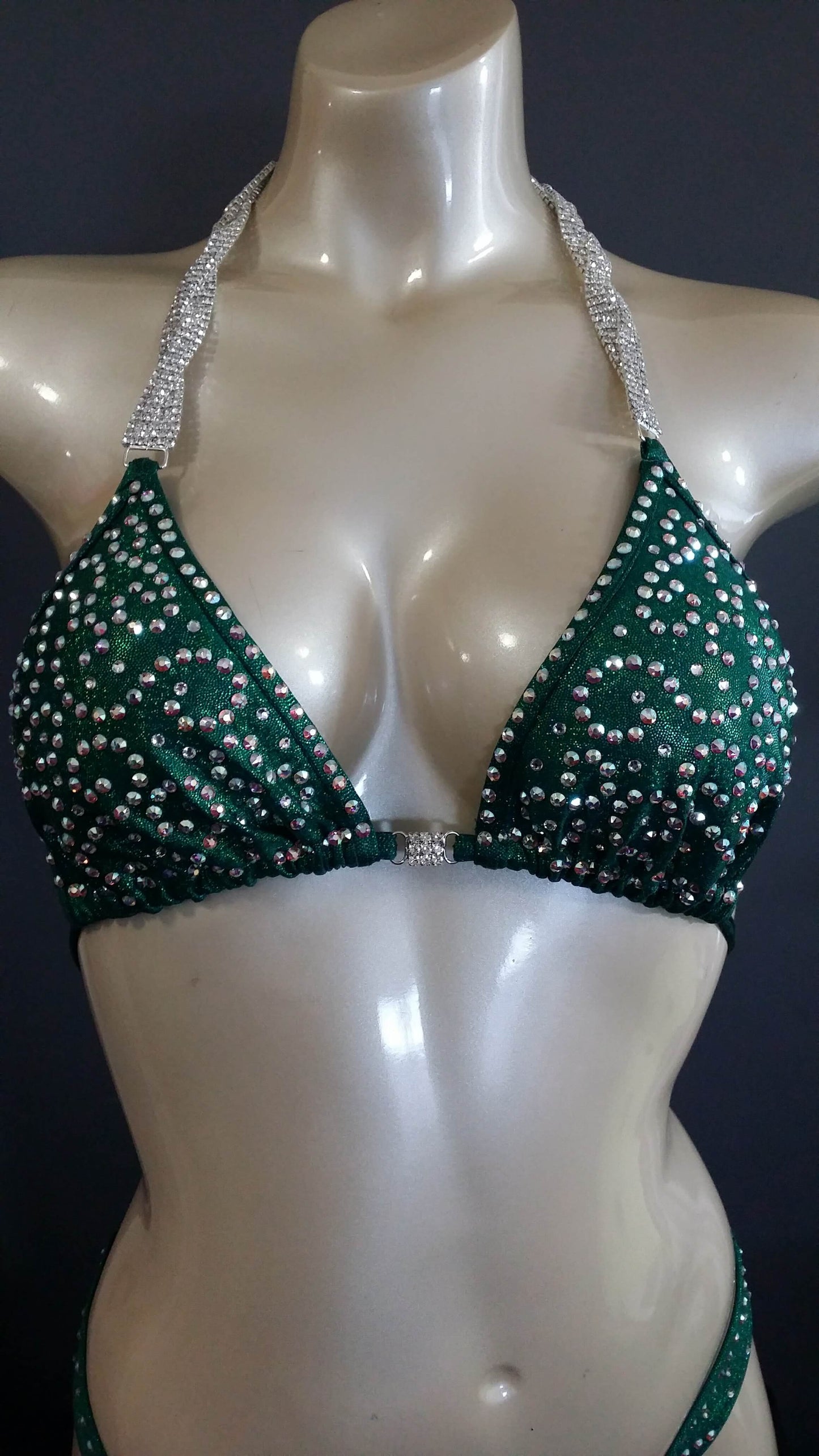 Emerald green figure suit bikini with AB swirl rhinestone design