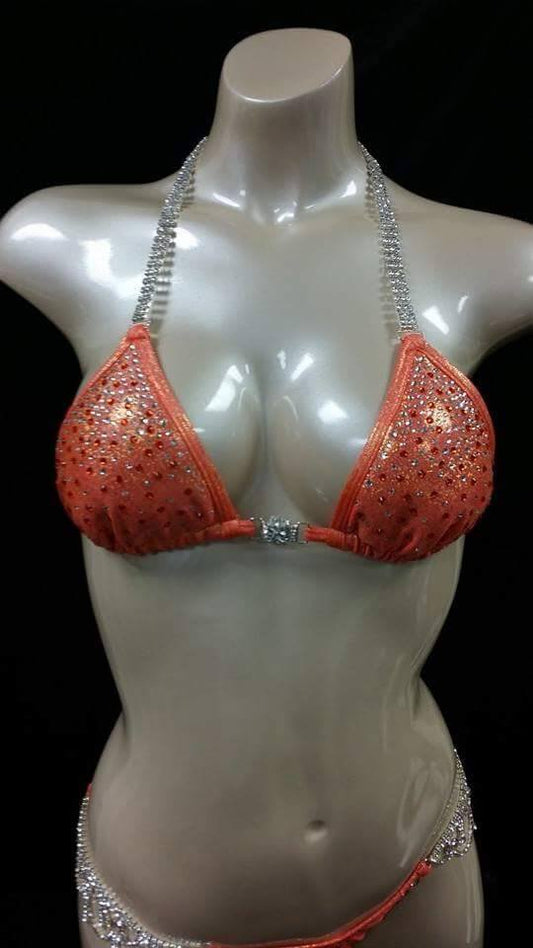 Orange bikini with AB crystal and orange rhinestone cascading design