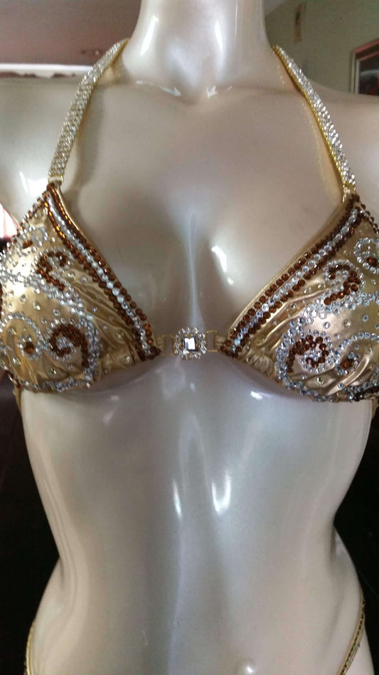 Gold bikini with crystal and topaz rhinestone vine design