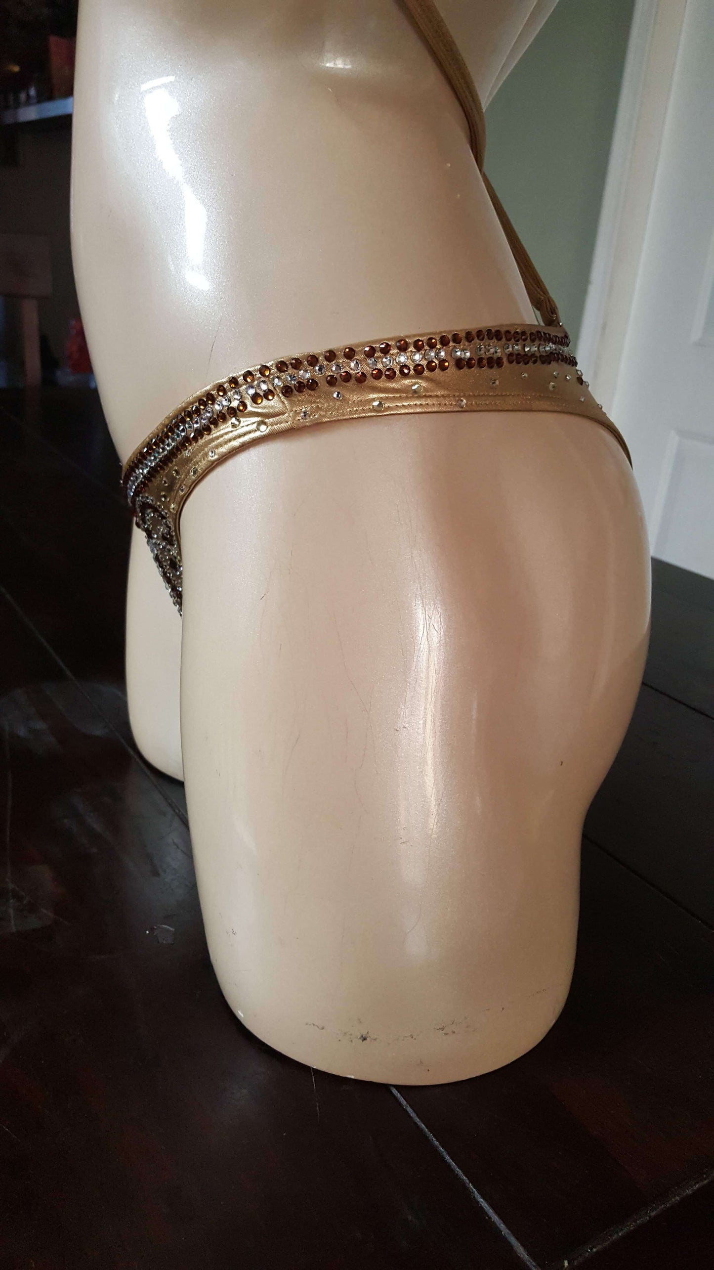 Gold bikini with crystal and topaz rhinestone vine design