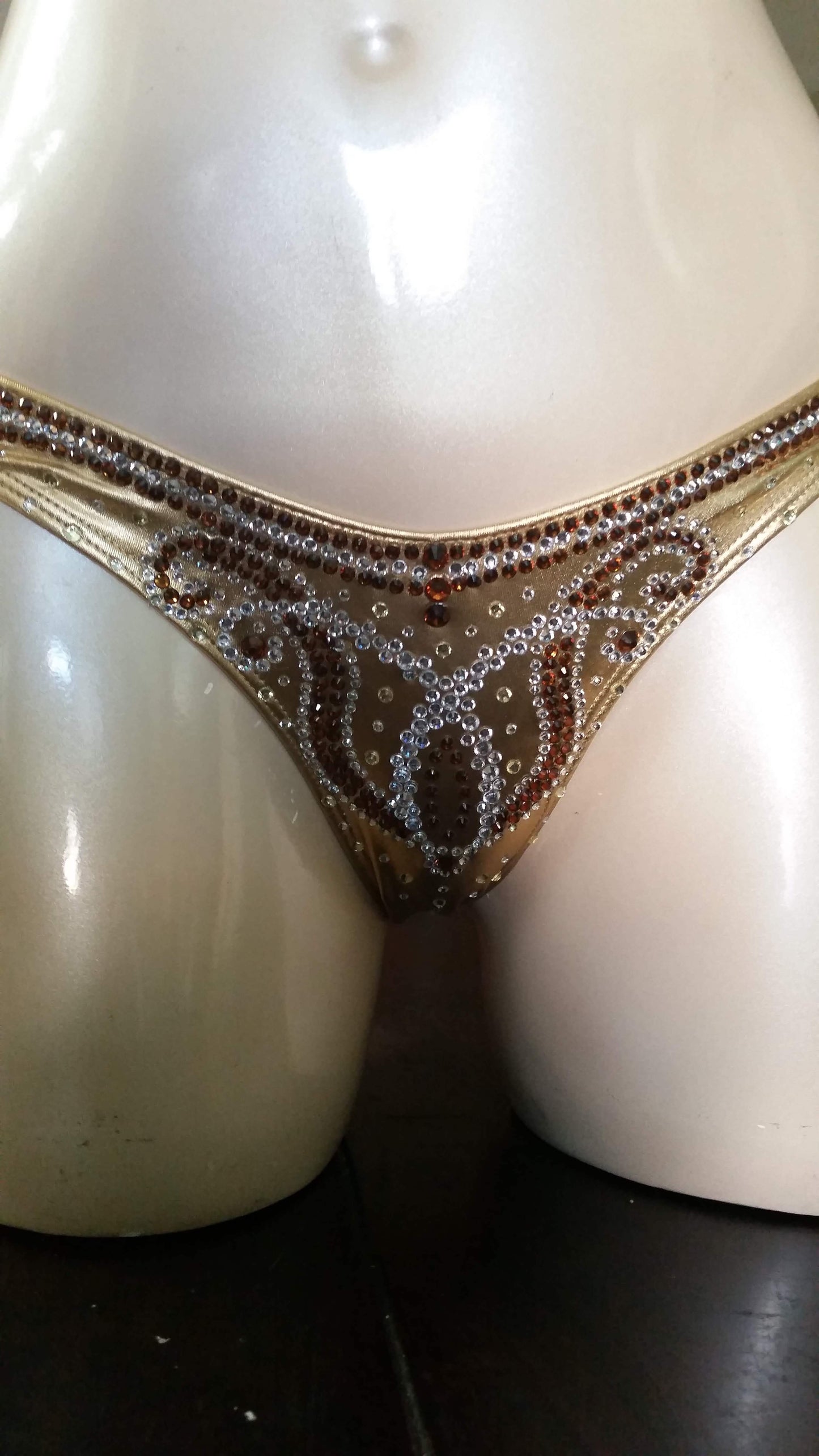 Gold bikini with crystal and topaz rhinestone vine design