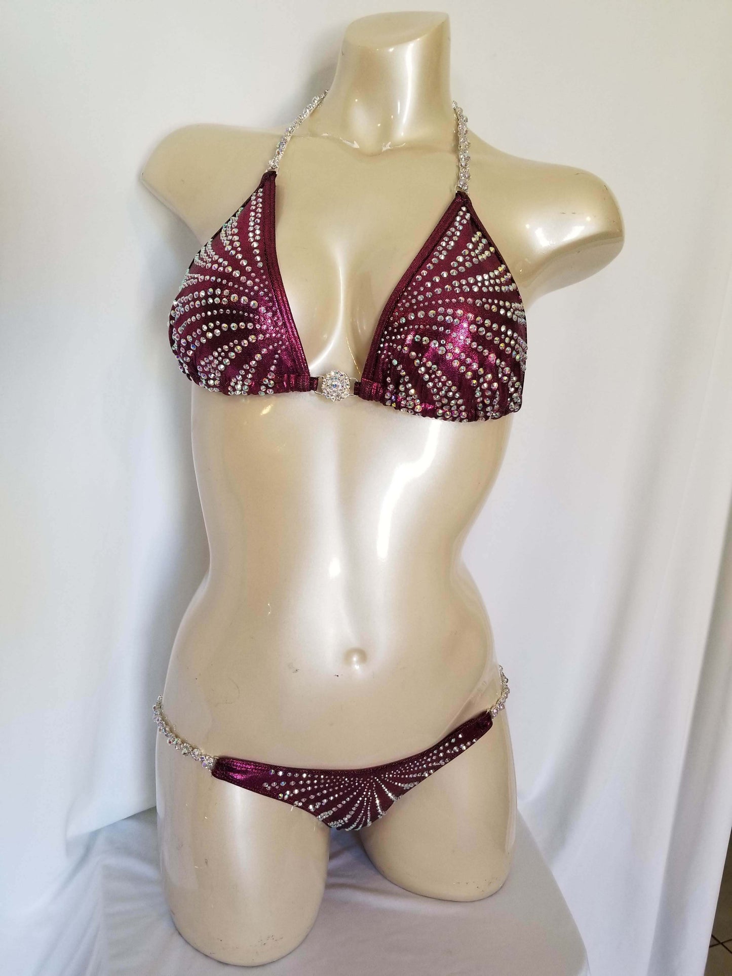 Maroon bikini with AB rhinestones in a magic array  pattern design