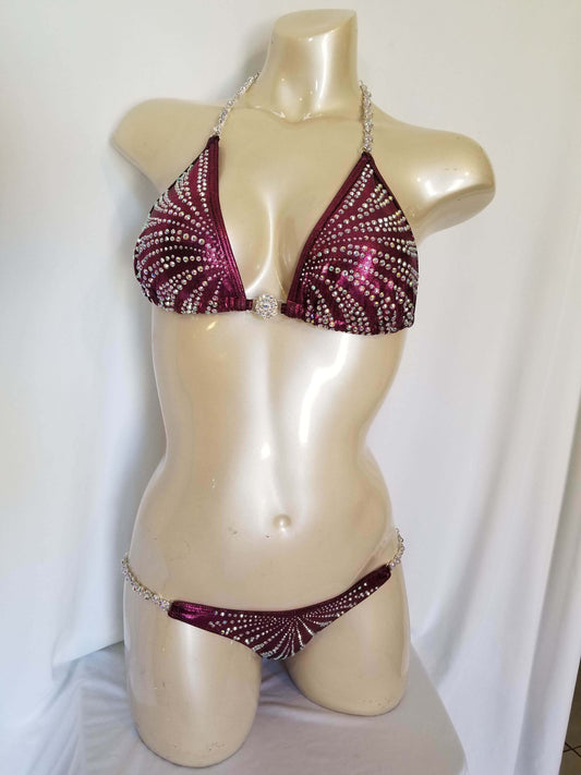 Maroon bikini with AB rhinestones in a magic array pattern design