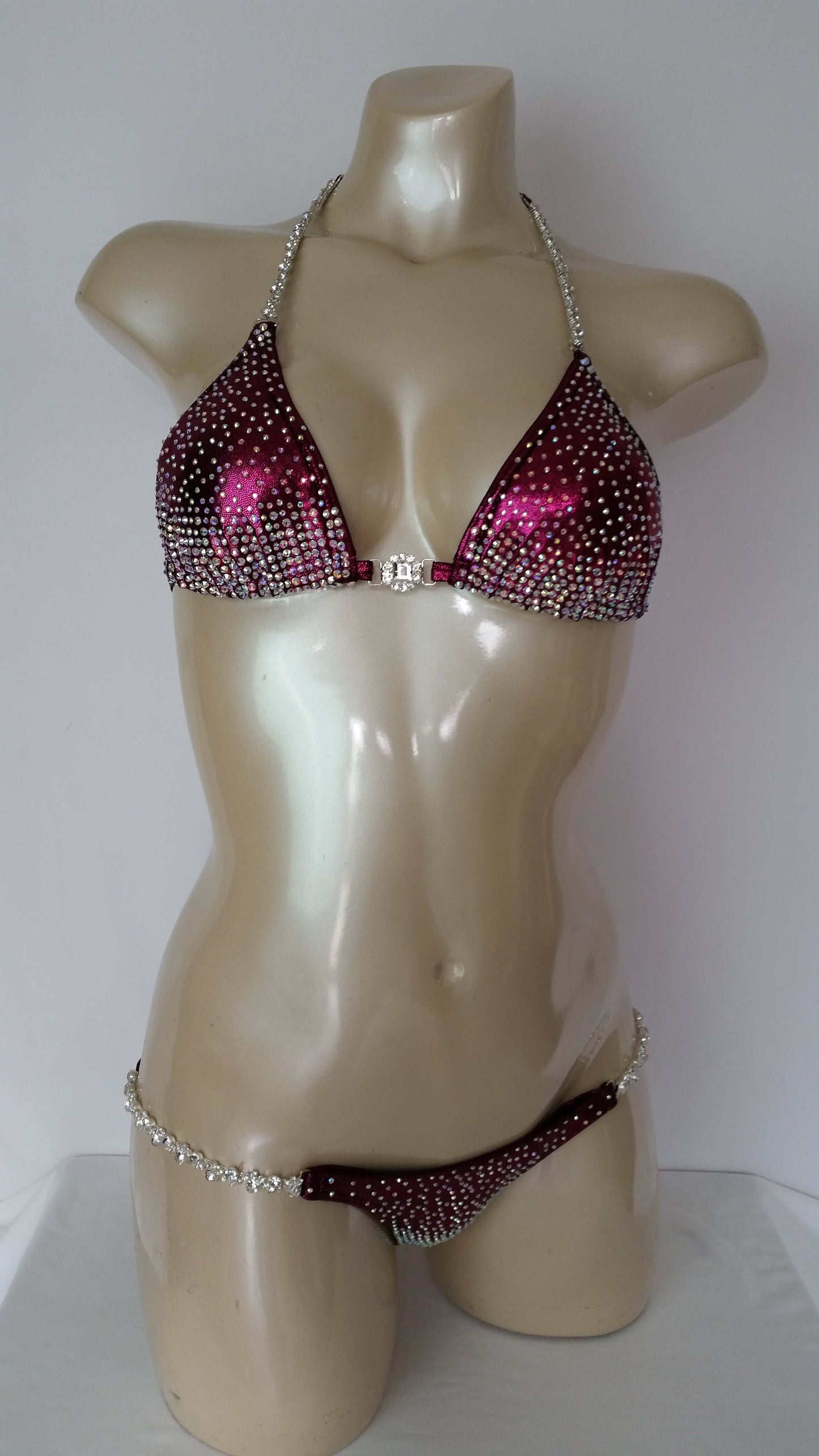 Maroon bikini with AB rhinestones in a reverse cascade pattern